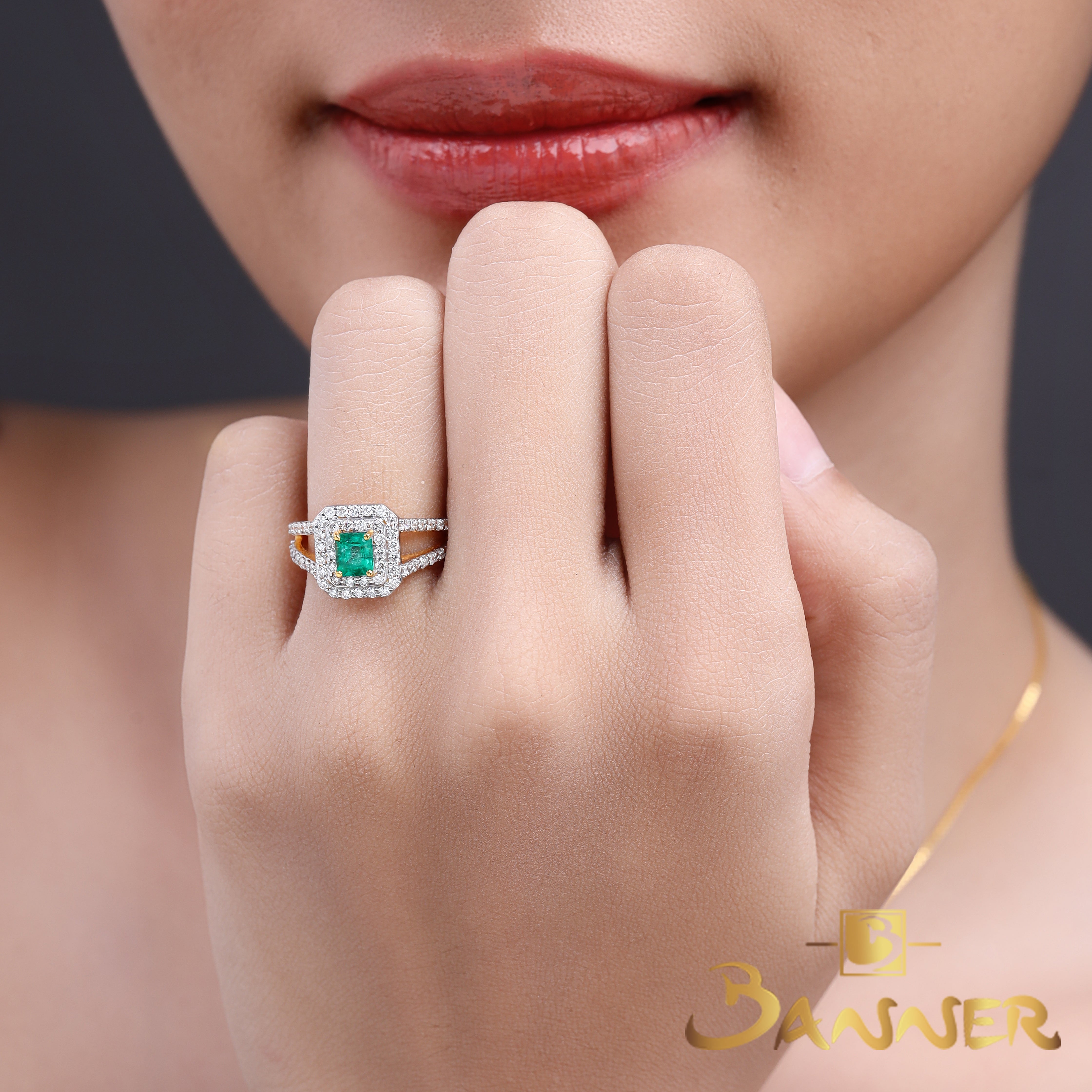 Columbian Emerald and Diamond Double Halo Ring