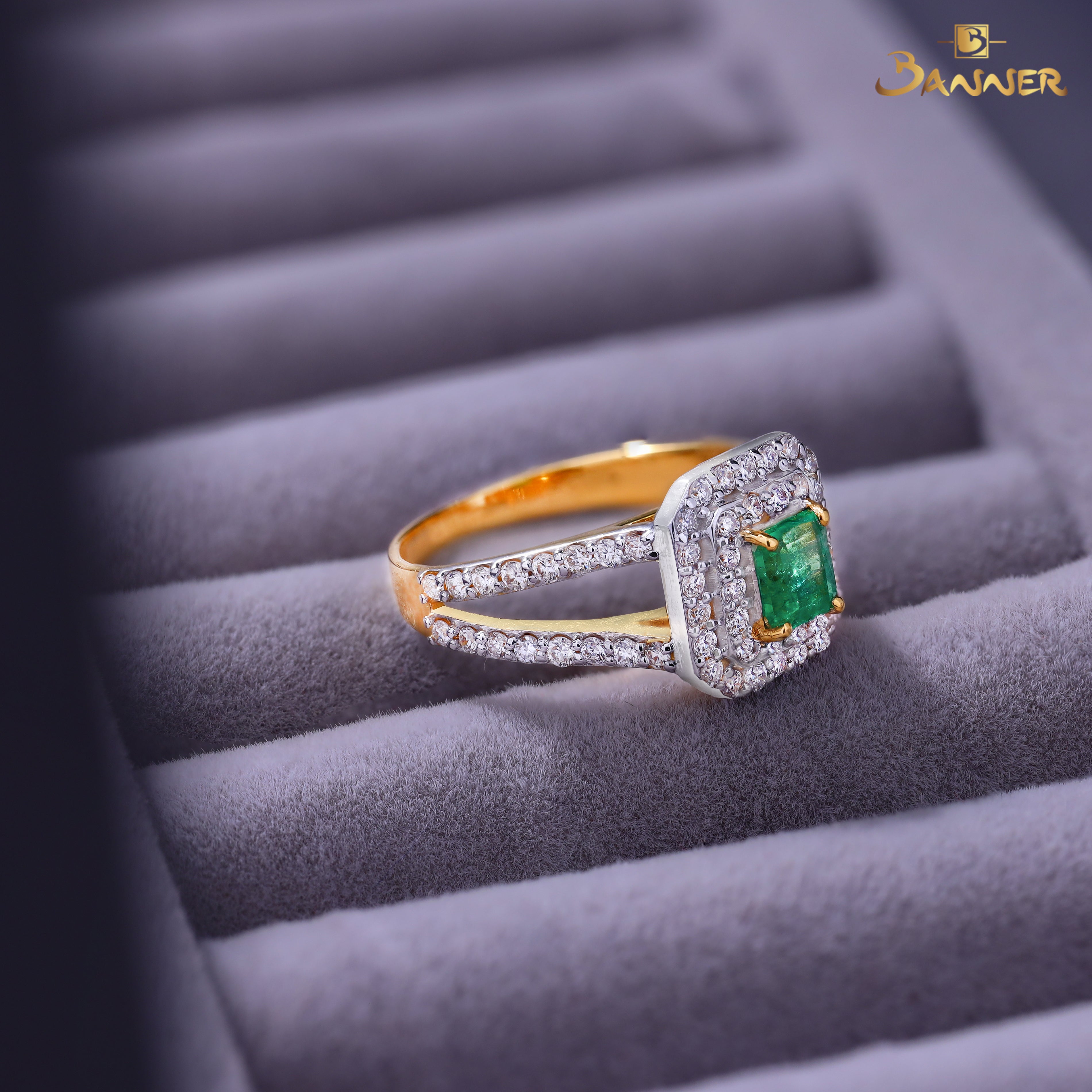 Columbian Emerald and Diamond Double Halo Ring