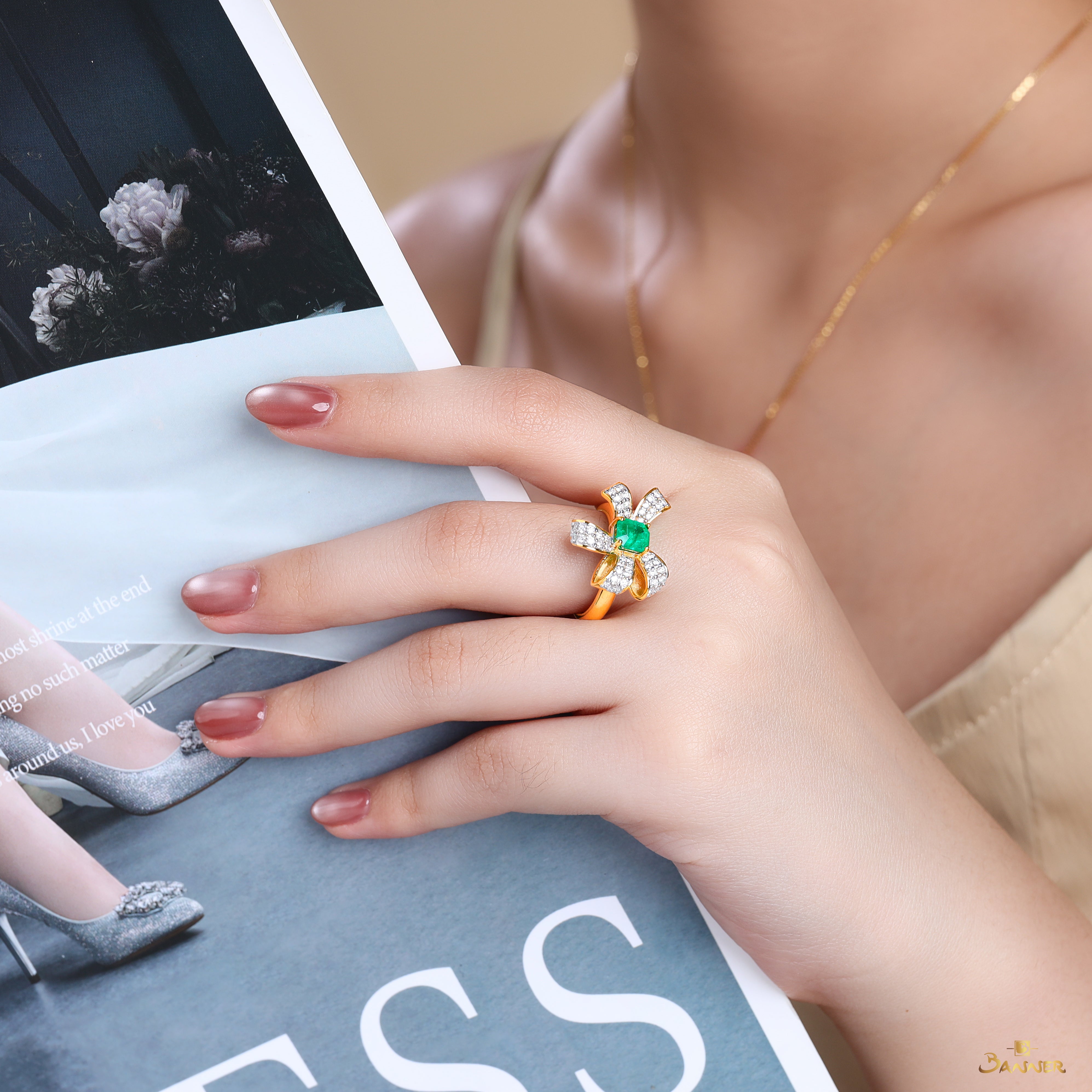 Columbia Emerald and Diamond Bow Ring