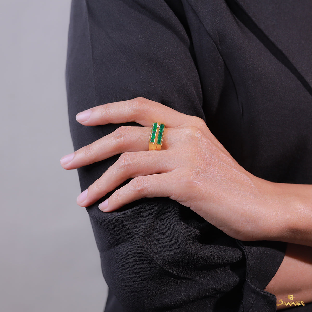 Emerald-cut Emerald and Diamond Men' Ring