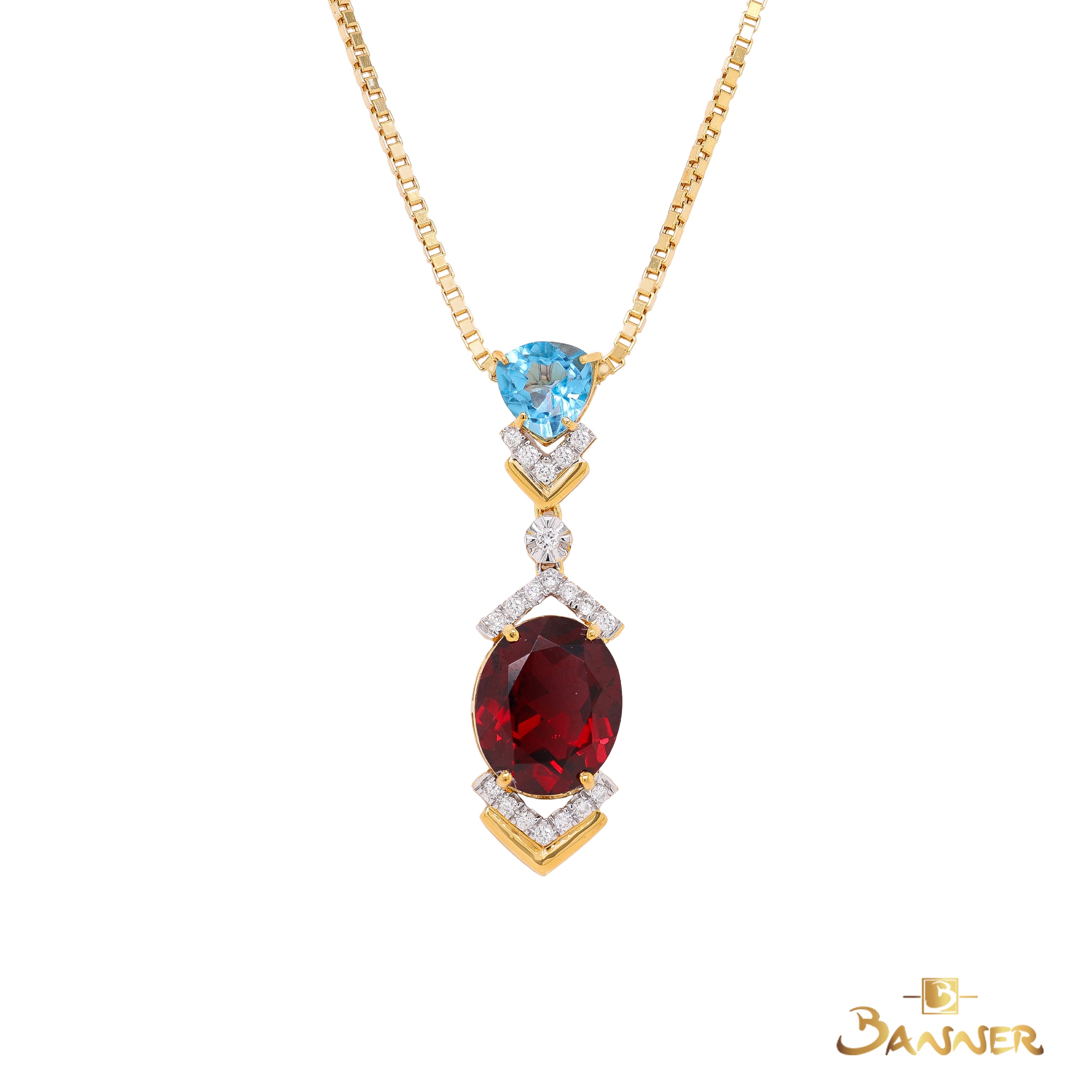 Garnet , Blue Topaz and Diamond Crystalis Pendant