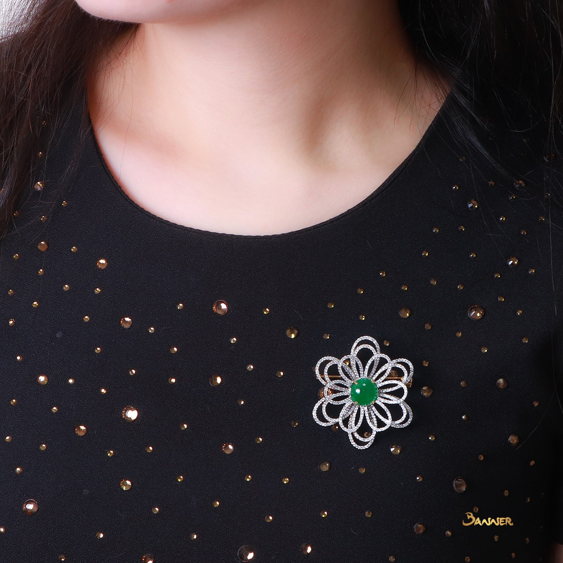 Jade and Diamond Floral Brooch