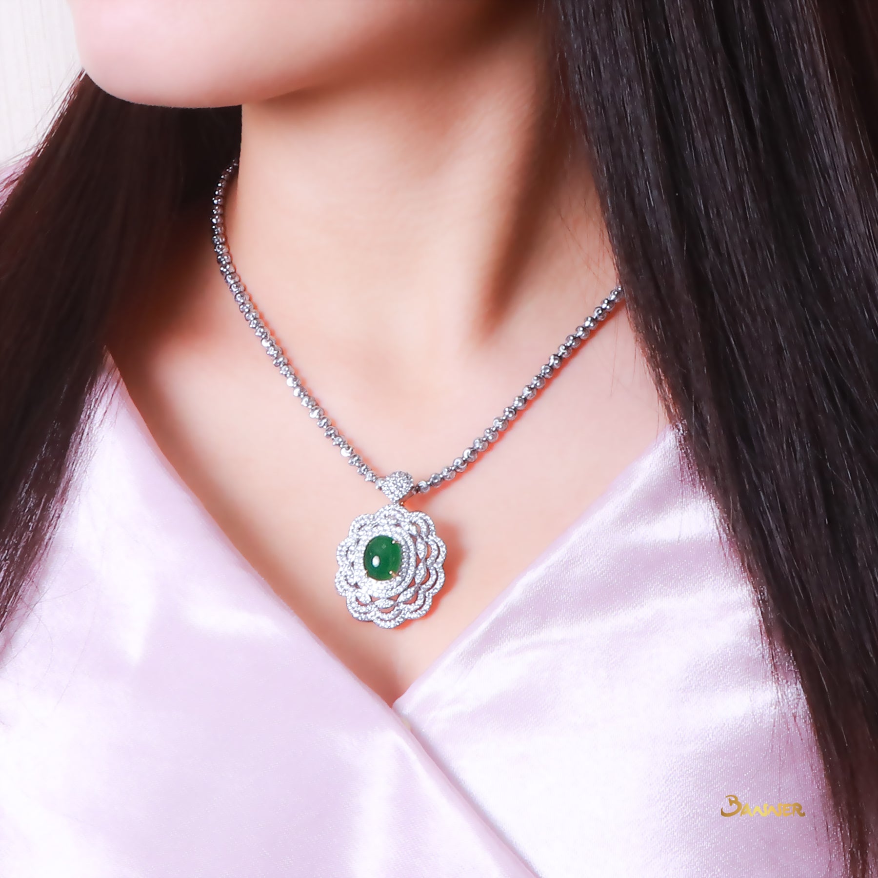 Jade and Diamond Floral 2 ways Pendant