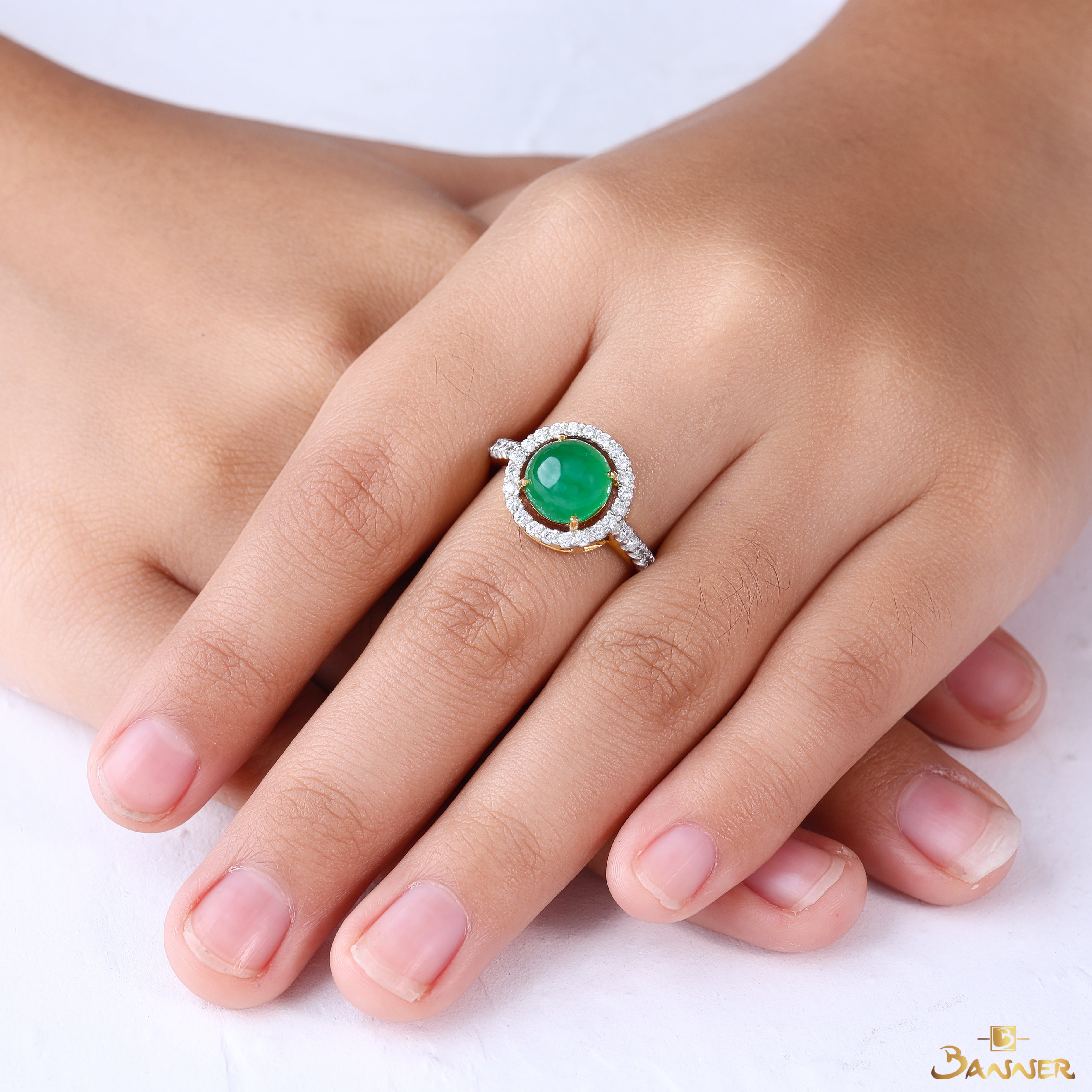 Apple Green Jade and Diamond Halo Ring