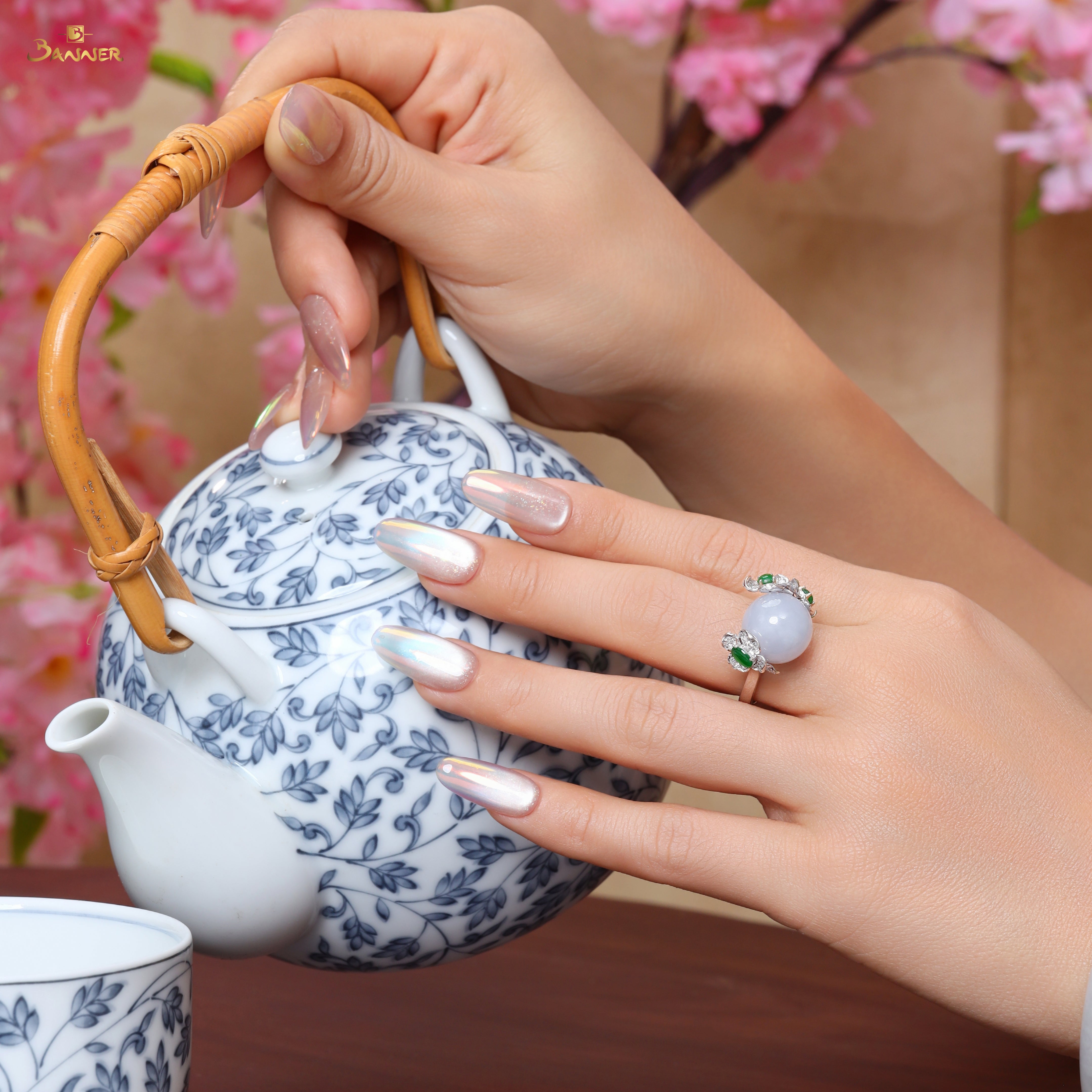 Lavender Jade , Green Jade and Diamond Orchid Ring
