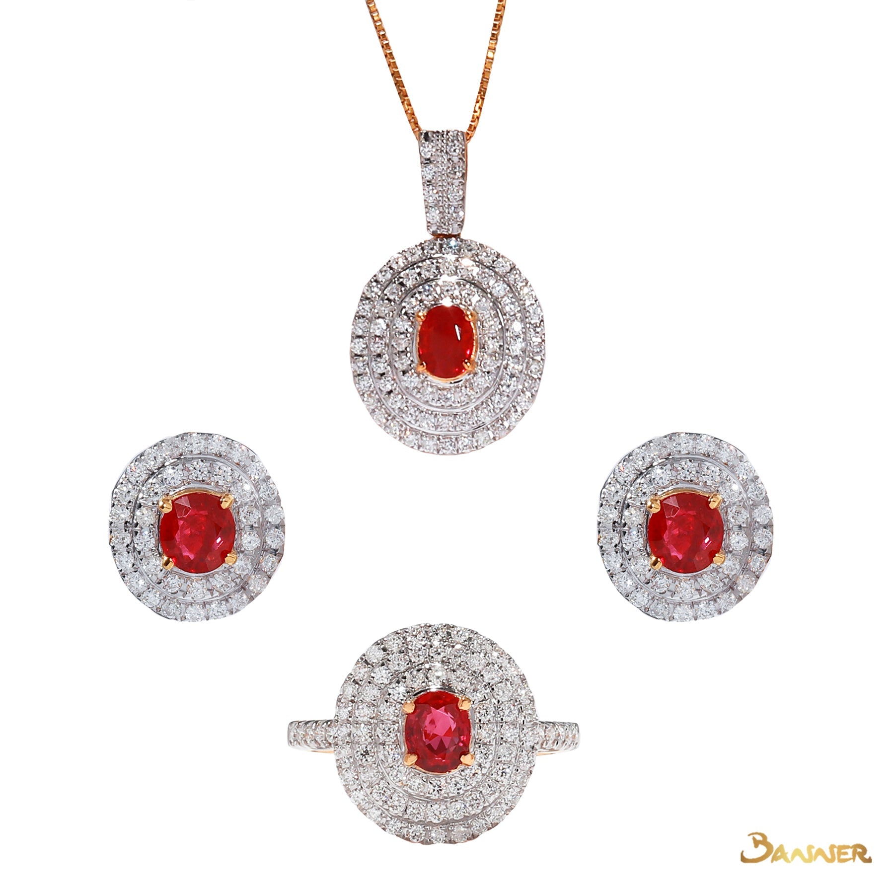 Ruby and Diamond Triple Halo Set