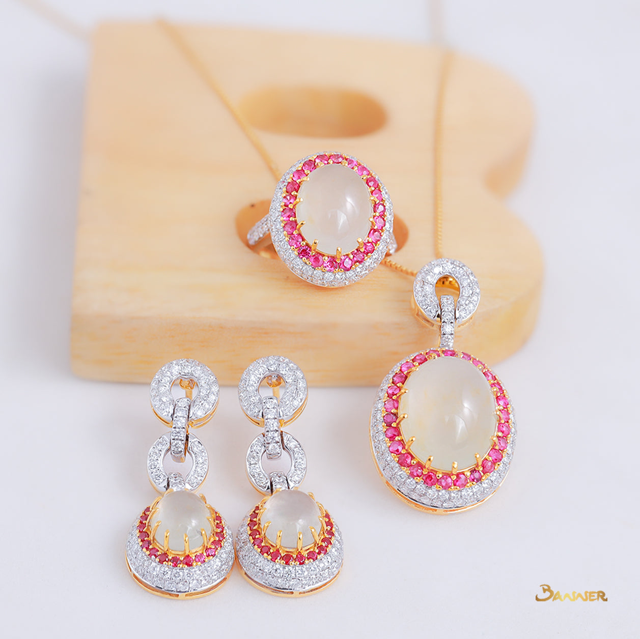 White Jade , Ruby and Diamond Halo Set