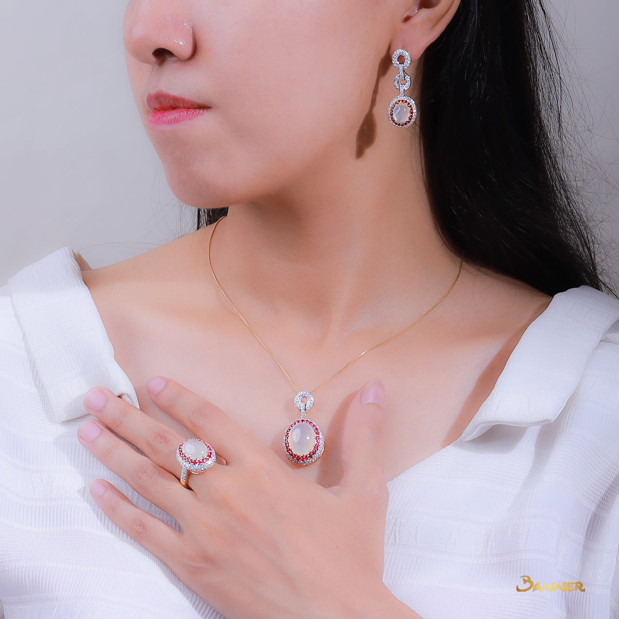 White Jade , Ruby and Diamond Halo Set
