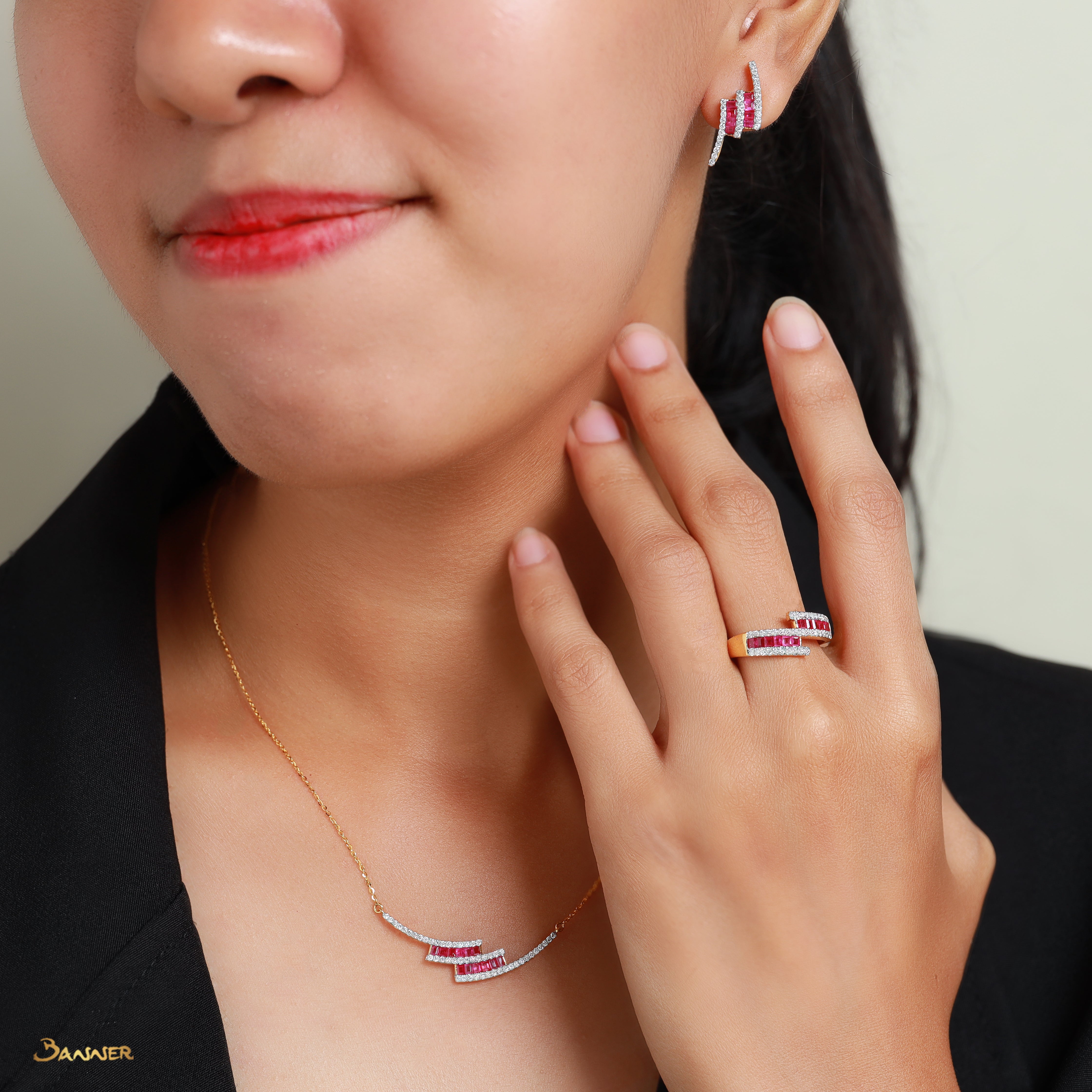 Ruby Emerald-cut and Diamond Bypass Set