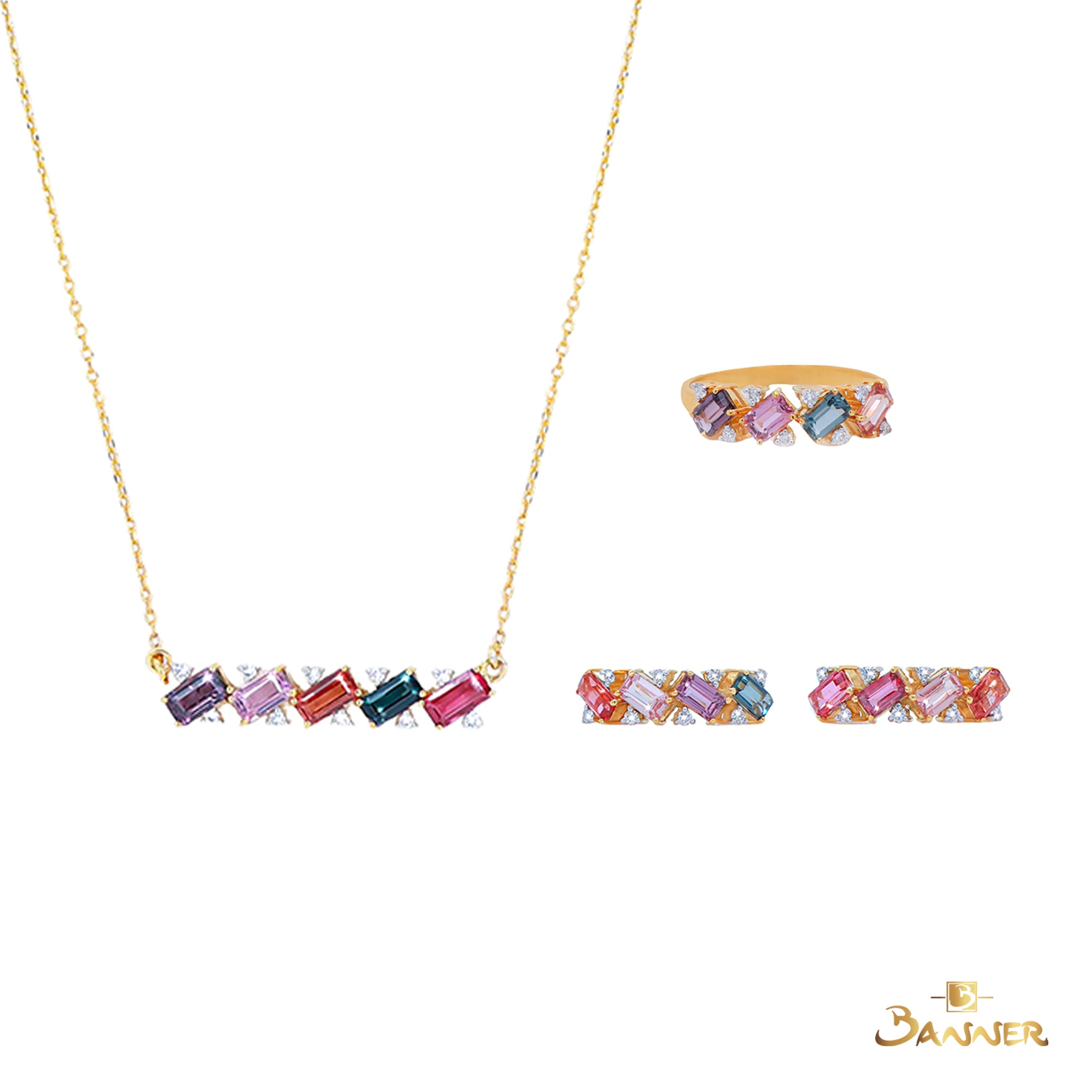 Emerald-cut Multi Colored Spinel and Diamond Zinnia Set