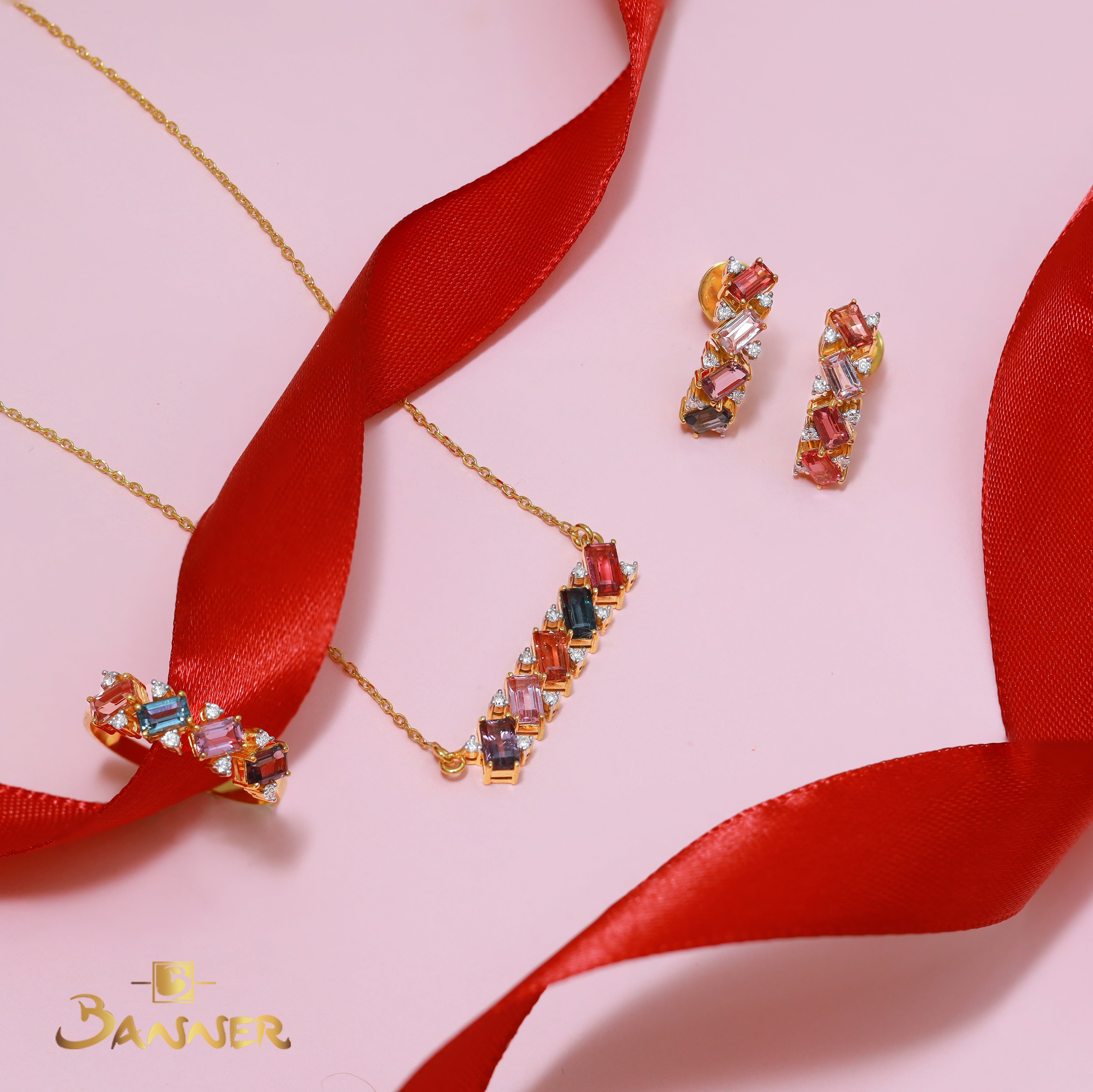 Emerald-cut Multi Colored Spinel and Diamond Zinnia Set