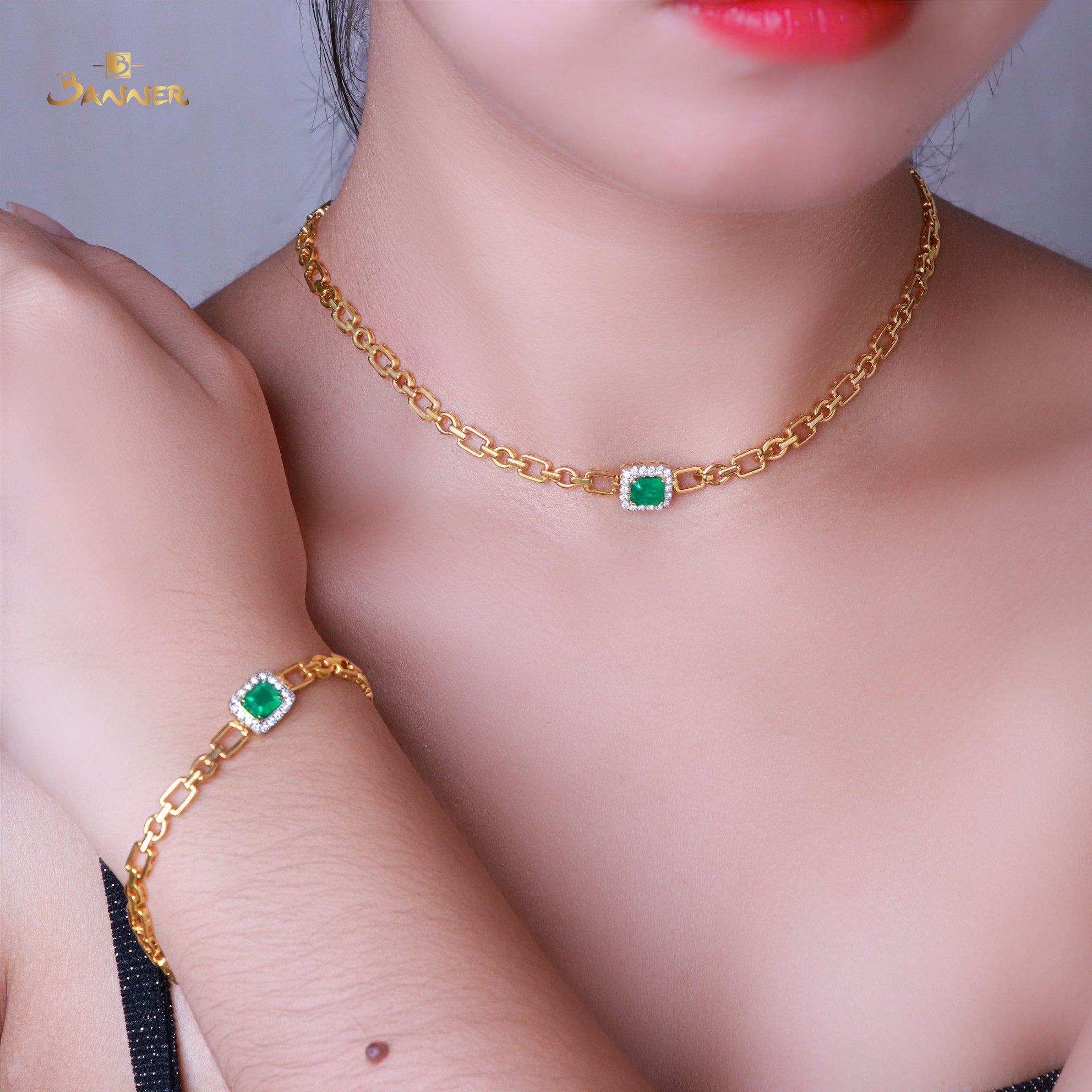 Columbian Emerald and Diamond Halo Choker Set