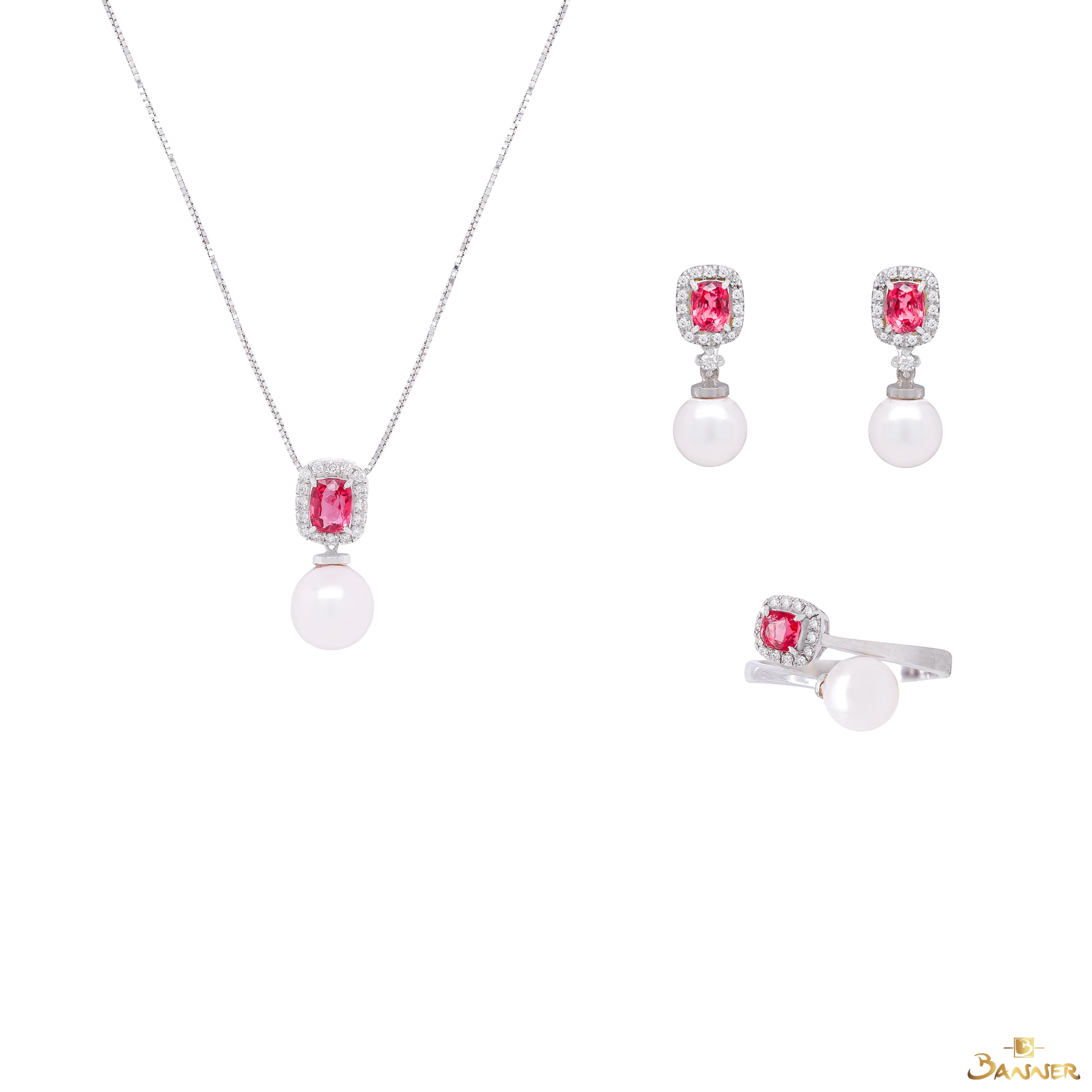 Pink Spinel , Pearl and Diamond Toi - Et - Moi Set
