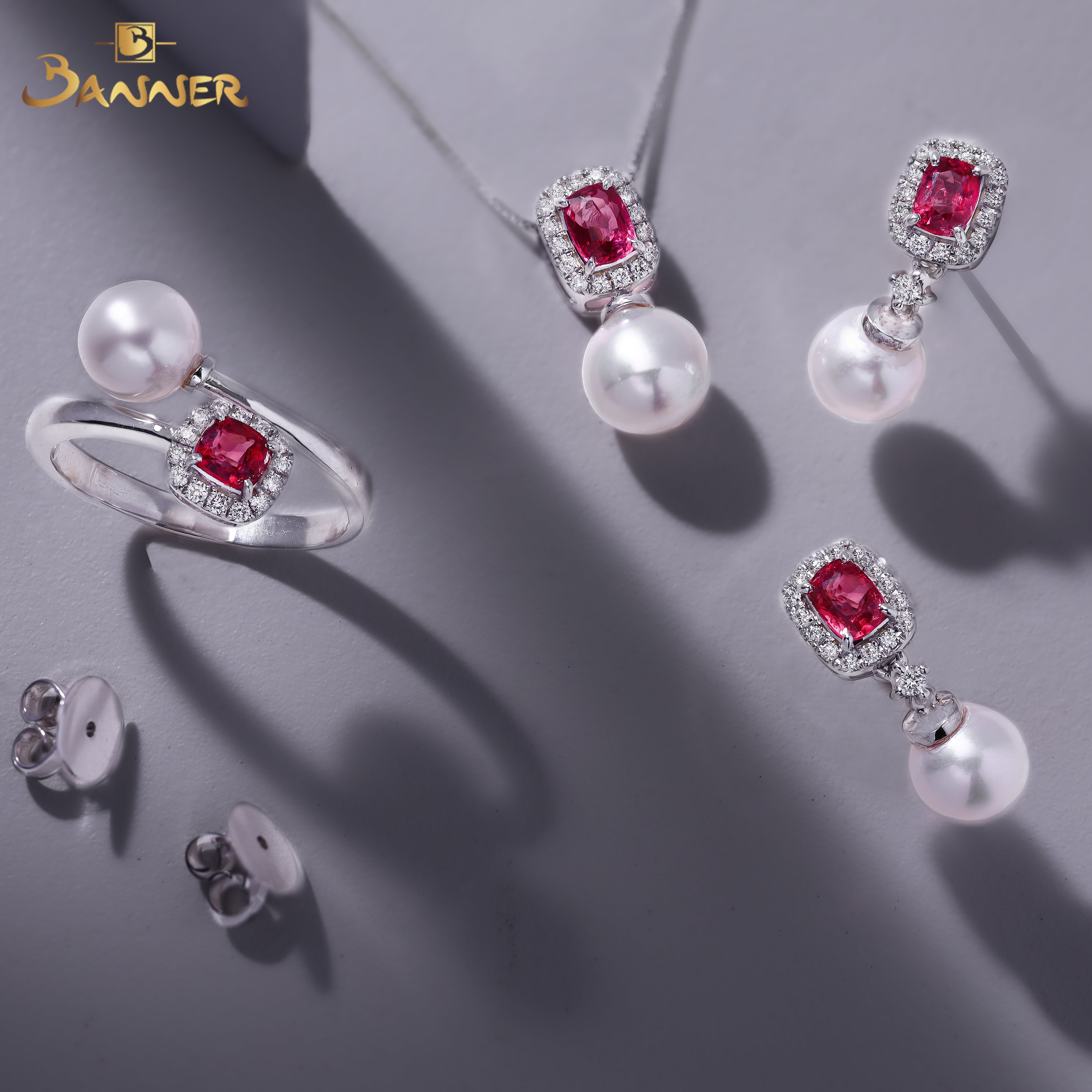 Pink Spinel , Pearl and Diamond Toi - Et - Moi Set