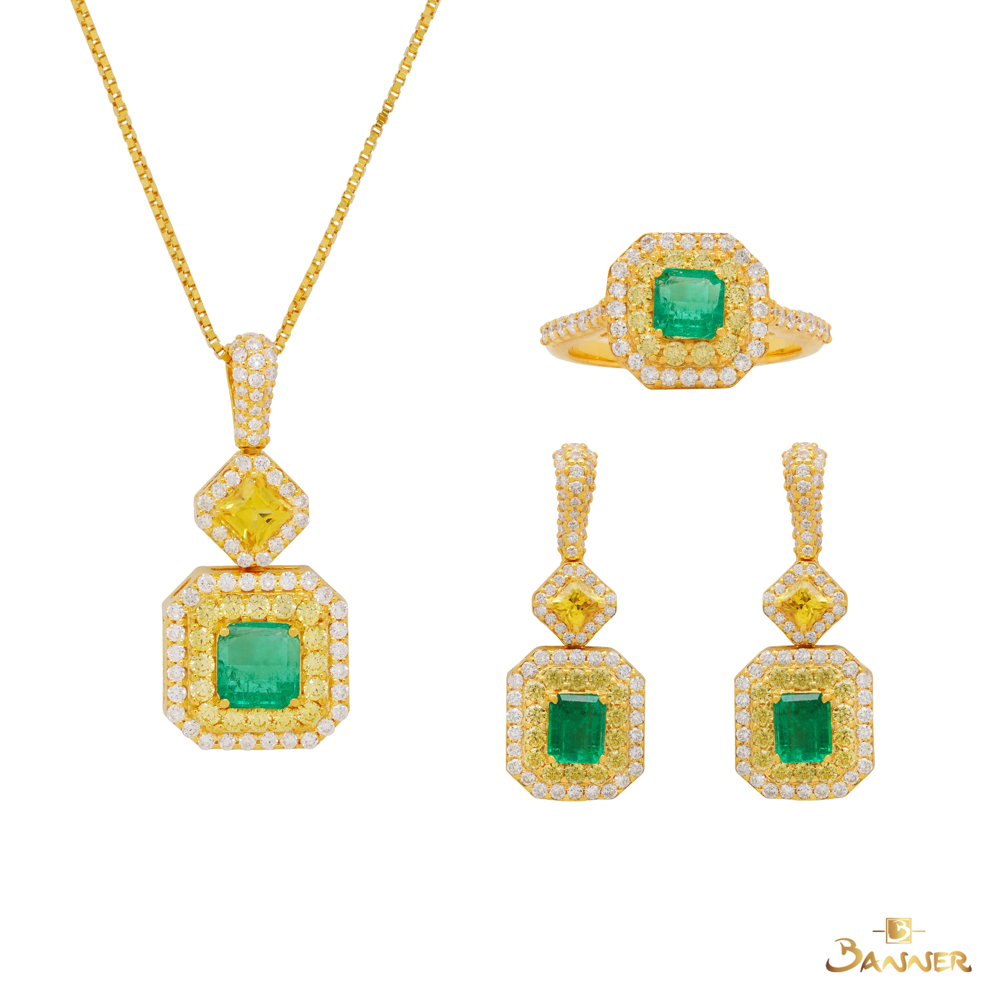 Emerald , Yellow Sapphire and Diamond Dual Halo Set
