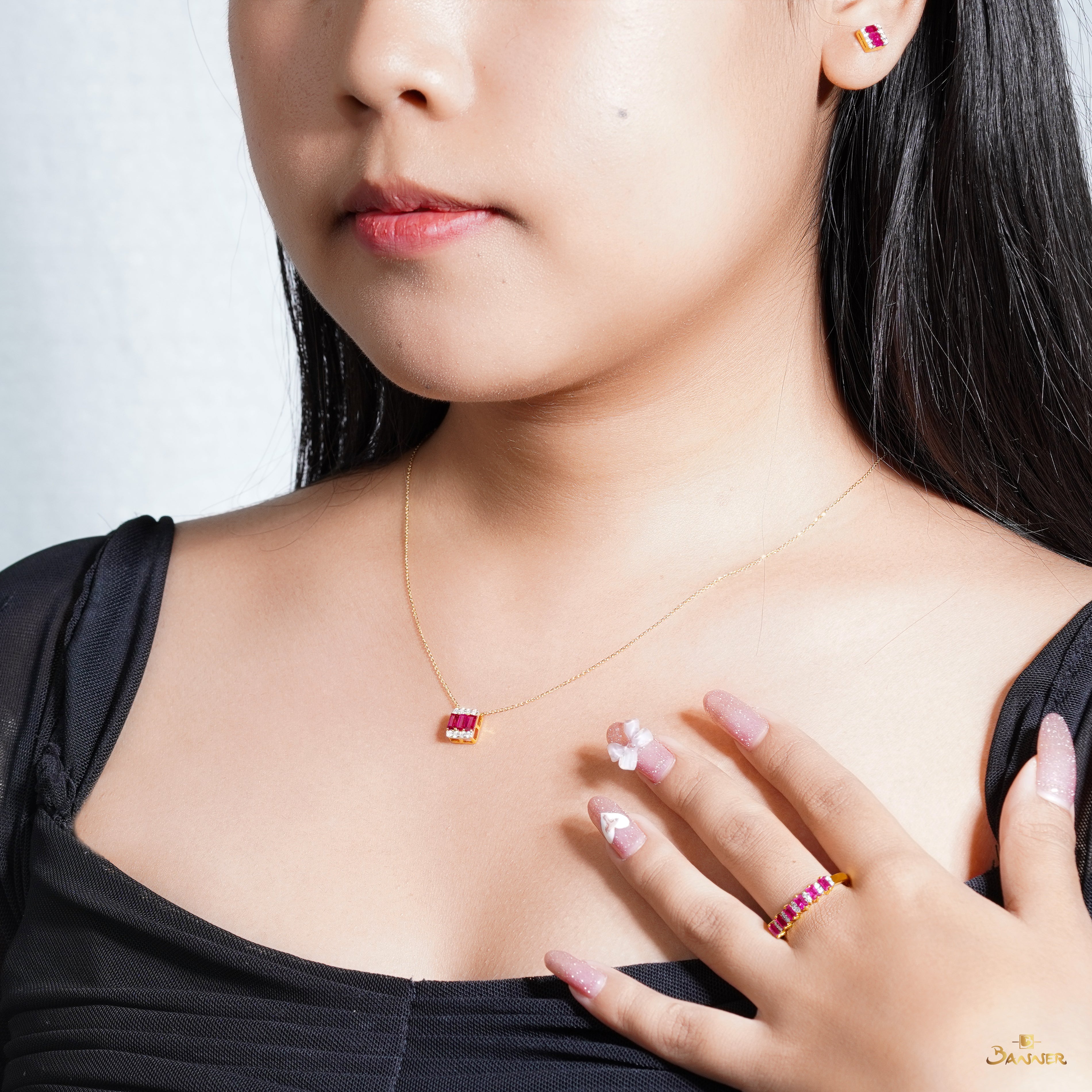 Ruby Emerald-cut and Diamond Set