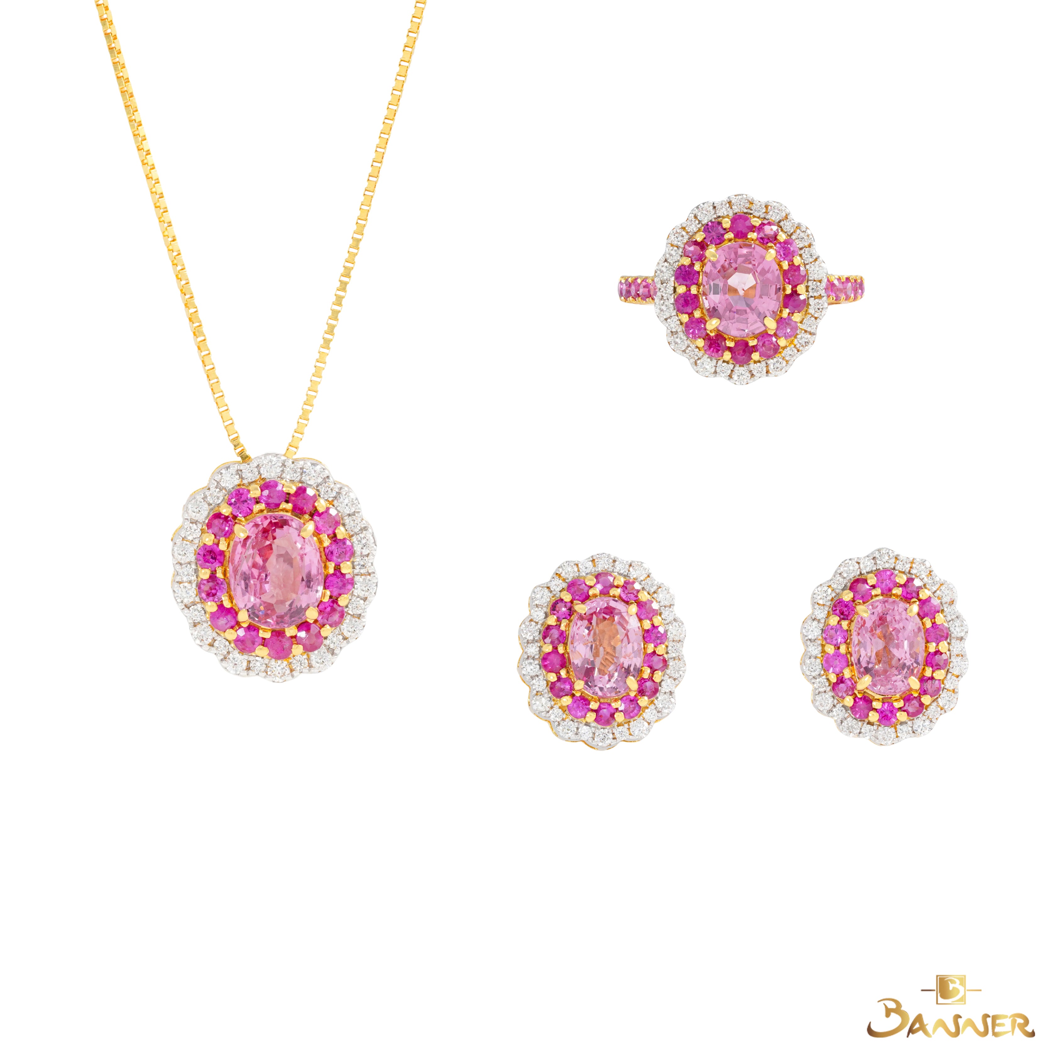 Pink Spinel, Ruby and Diamond Floral Set