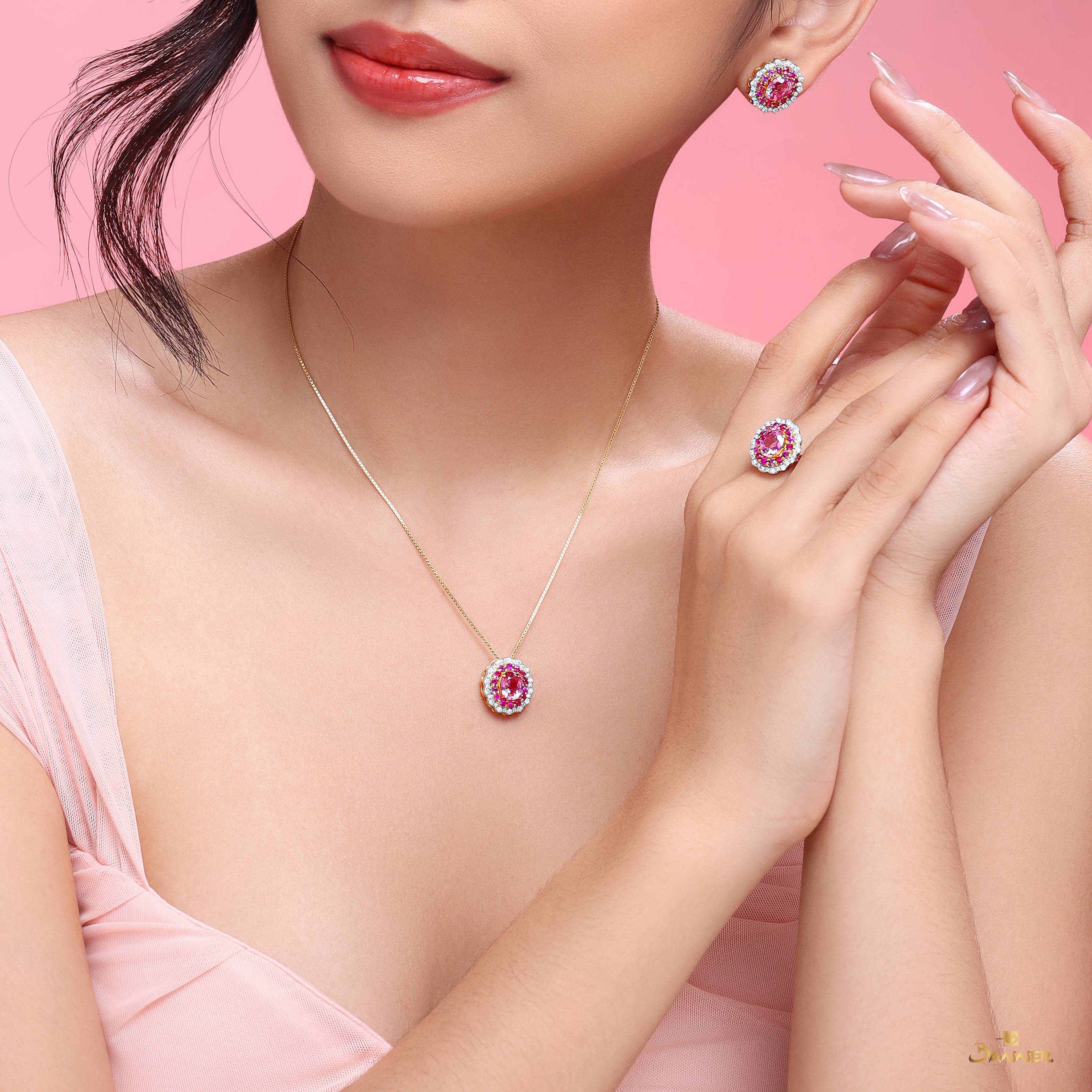 Pink Spinel, Ruby and Diamond Floral Set