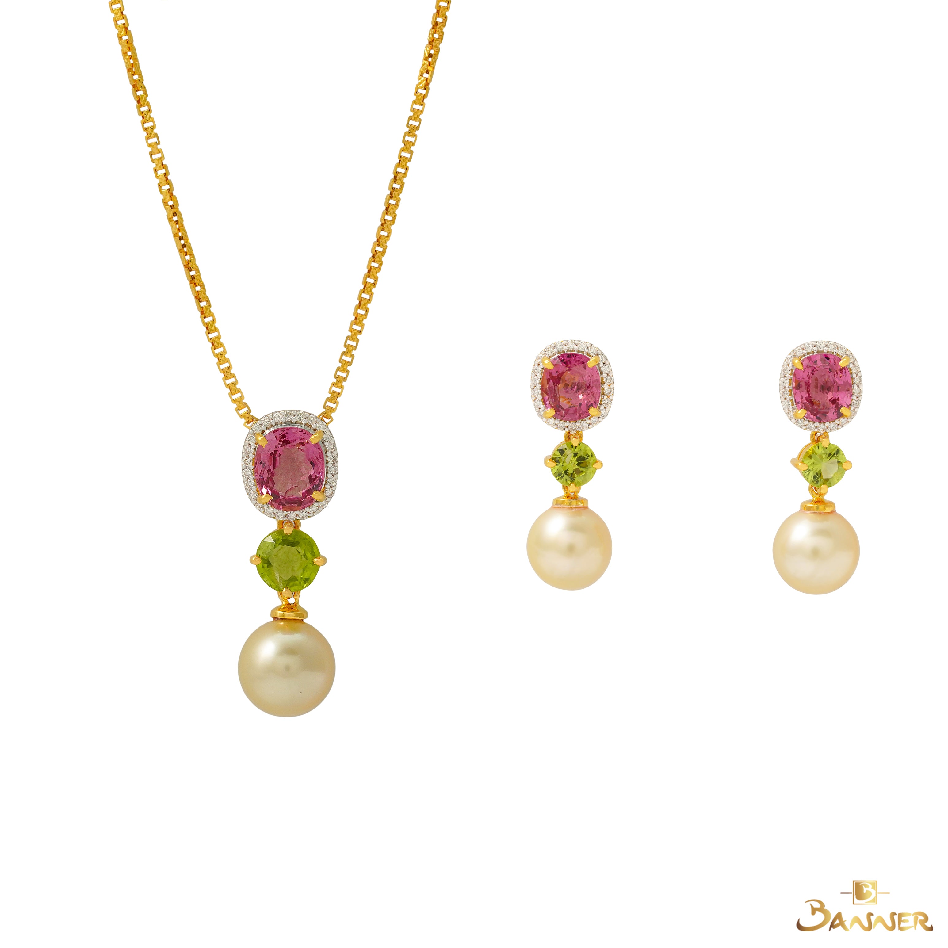 Pink Spinel, Peridot, Pearl and Diamond Set