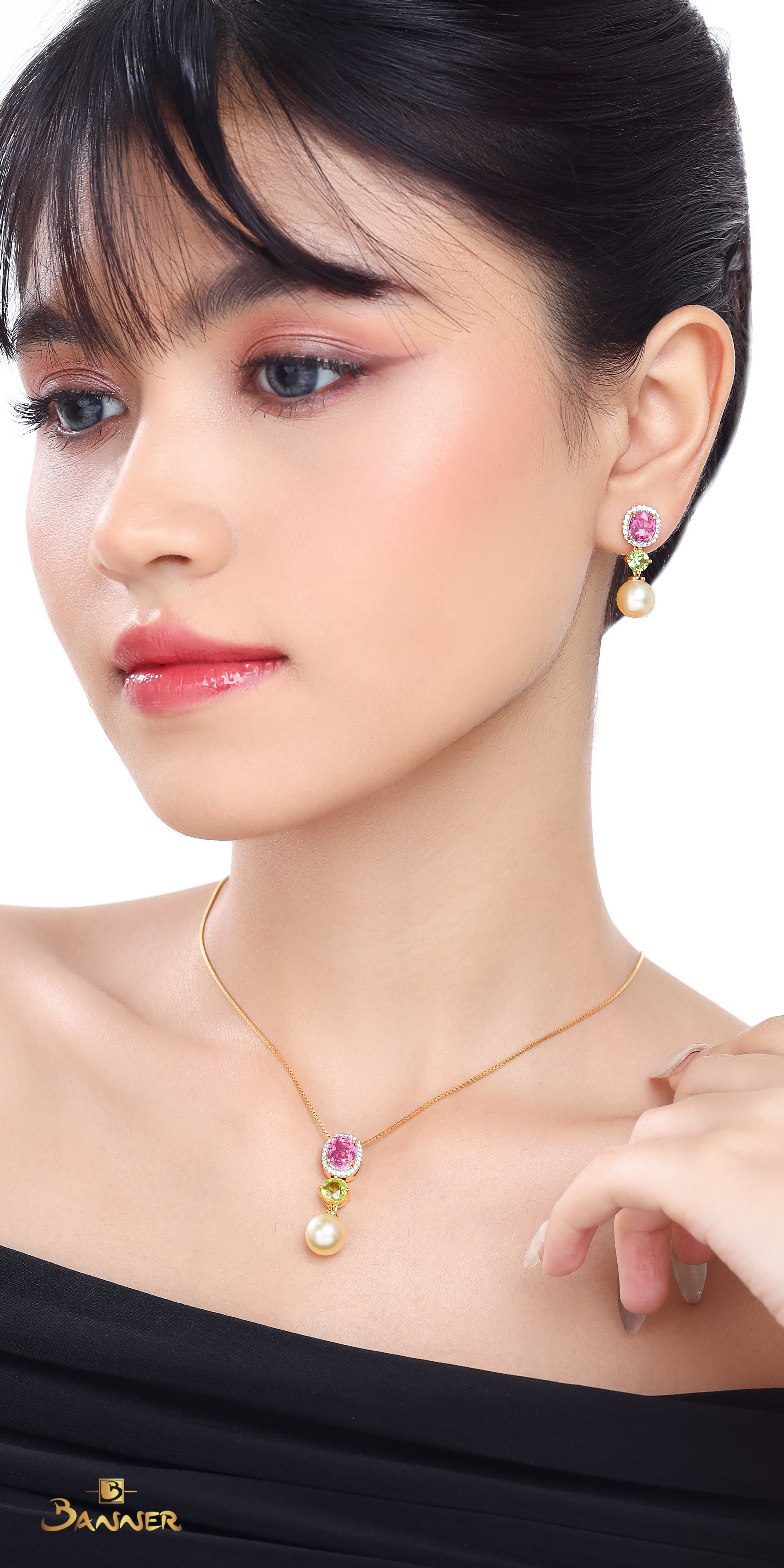 Pink Spinel, Peridot, Pearl and Diamond Set