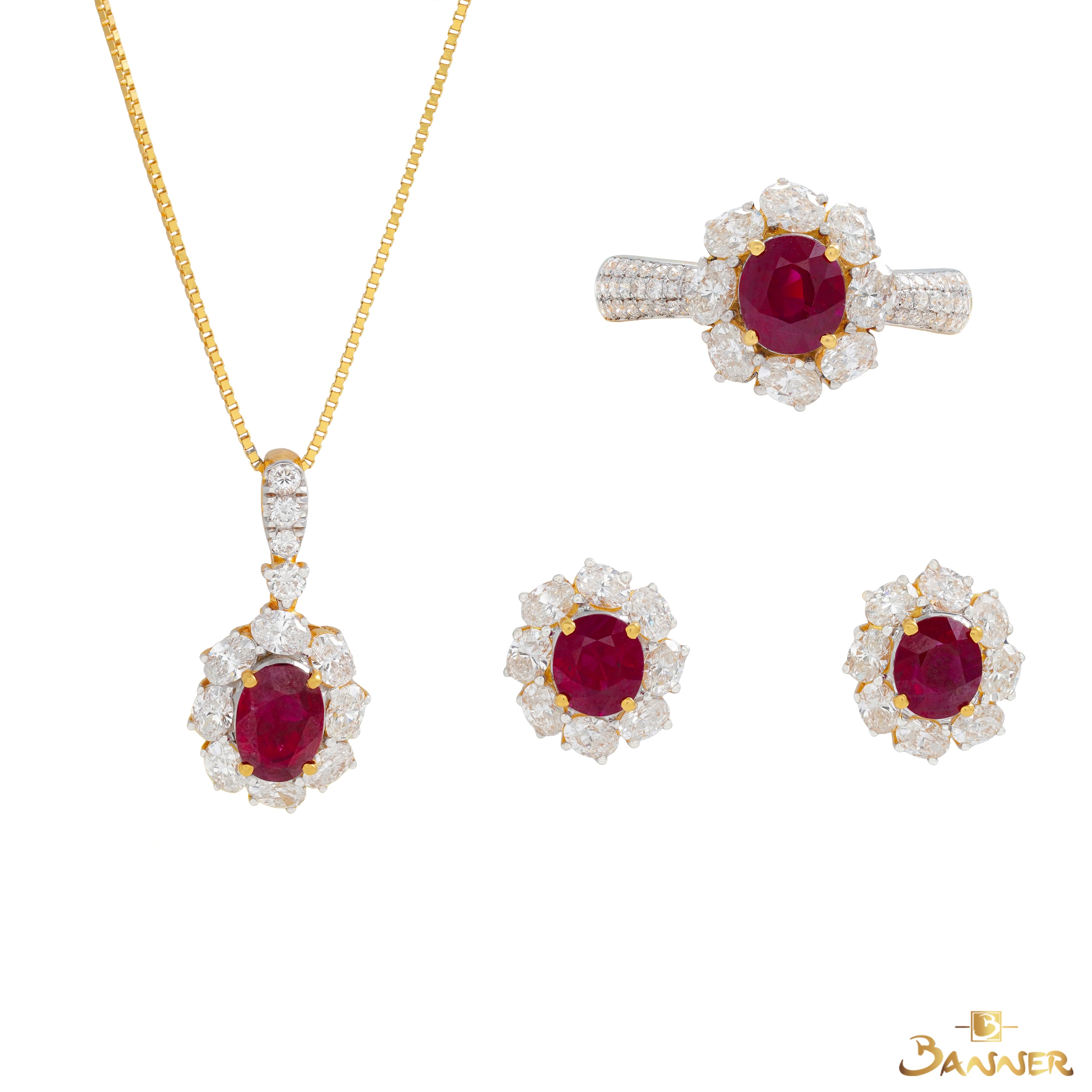 Ruby and Oval Diamond Halo Set