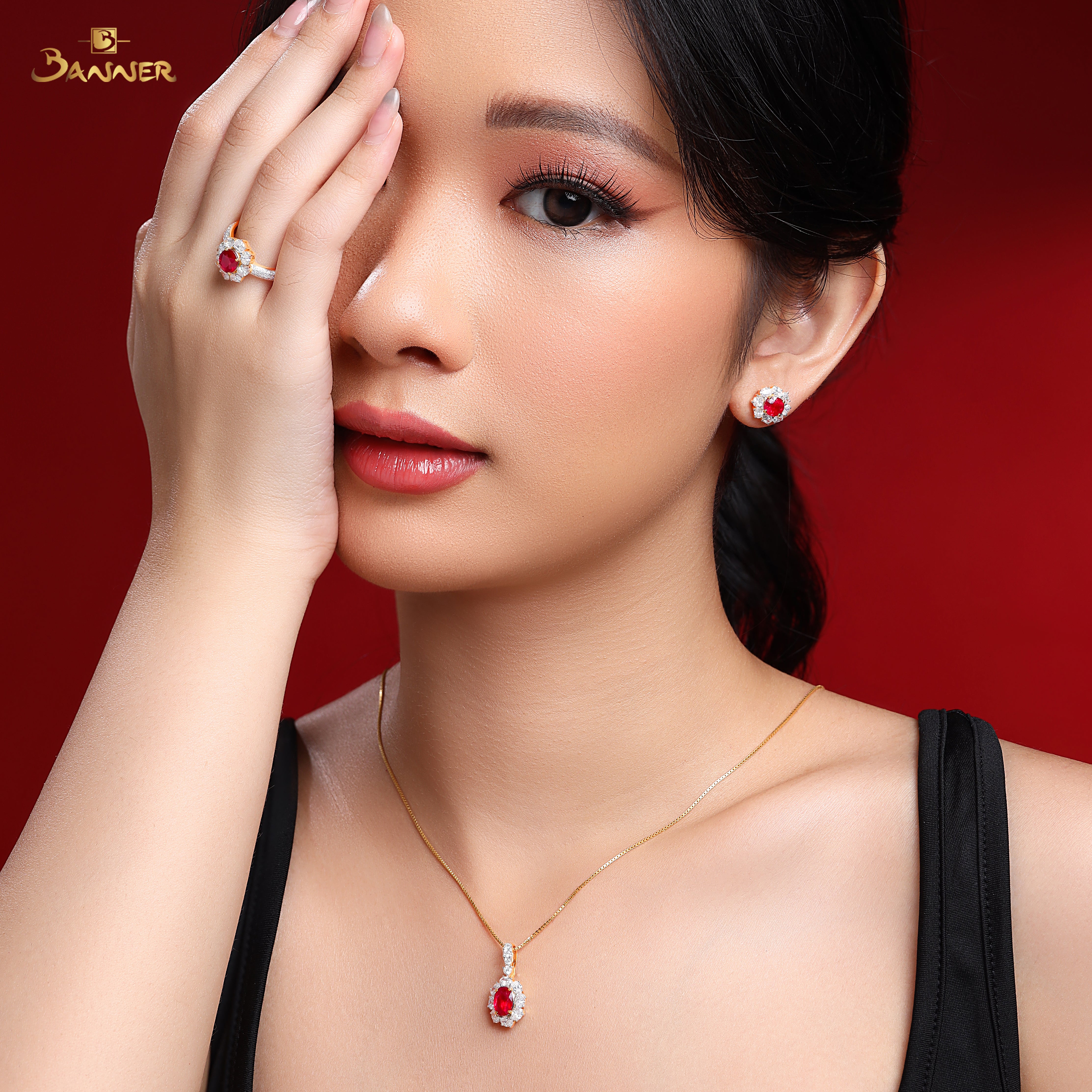 Ruby and Oval Diamond Halo Set