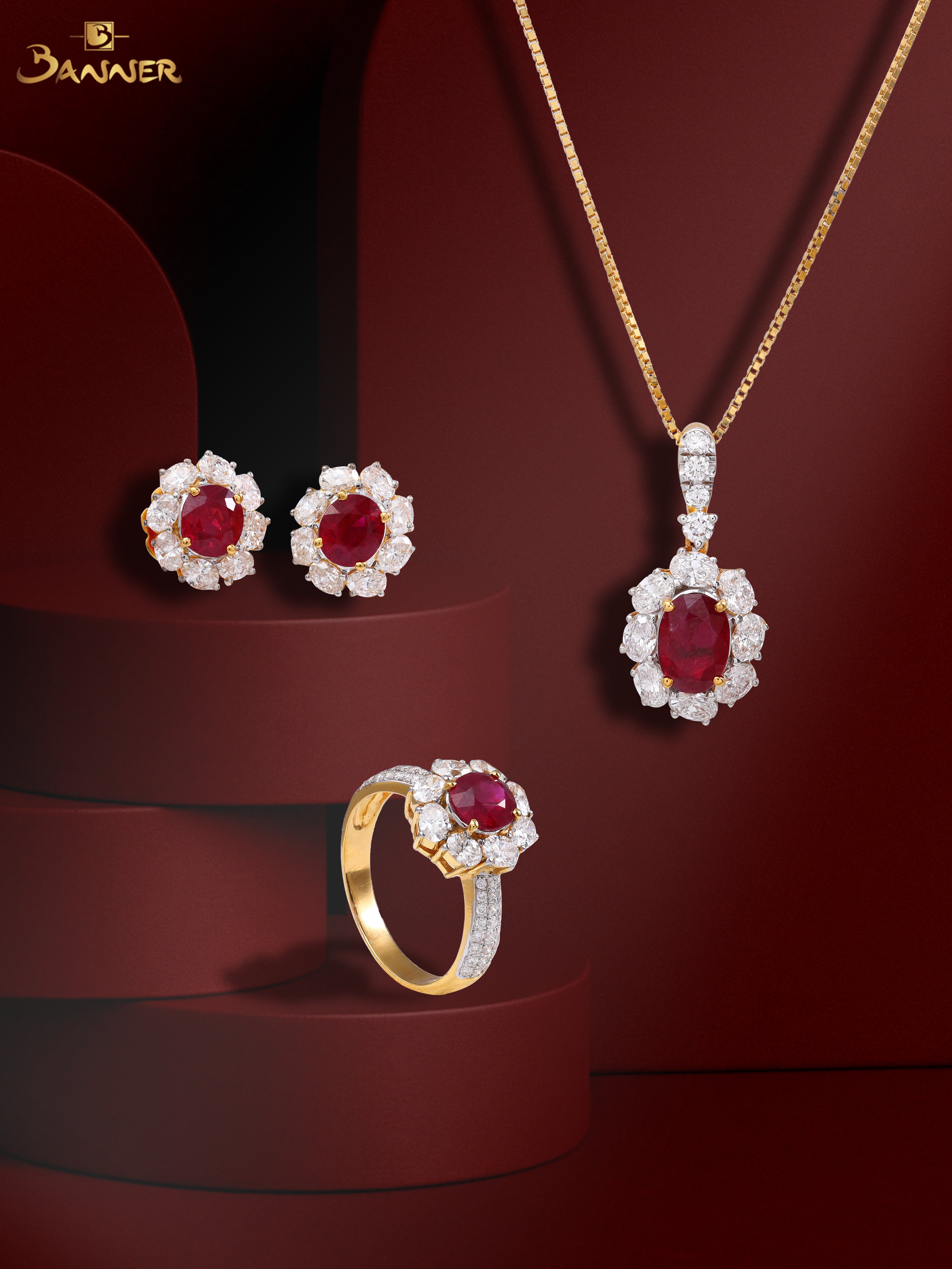 Ruby and Oval Diamond Halo Set
