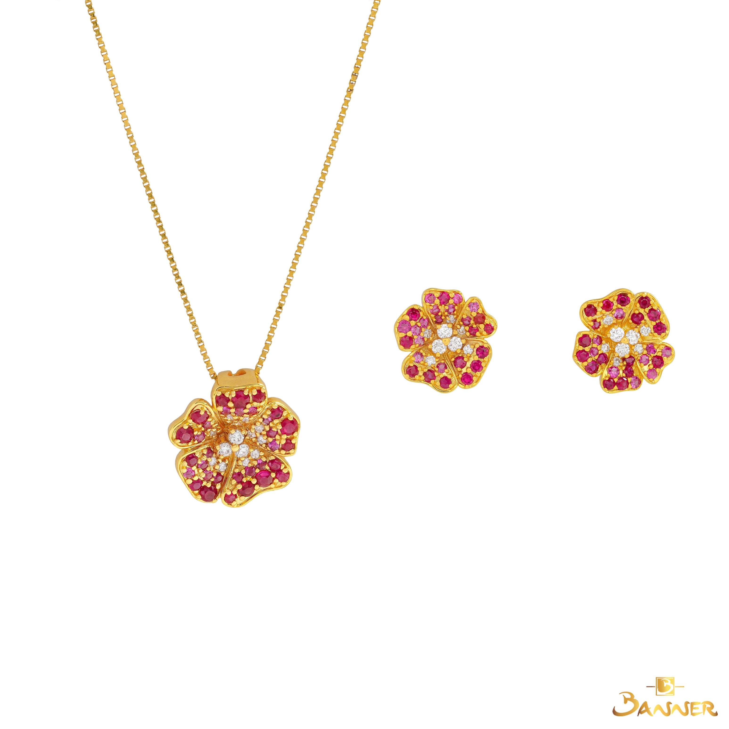 Ruby , Pink Sapphire and Diamond Clover Set