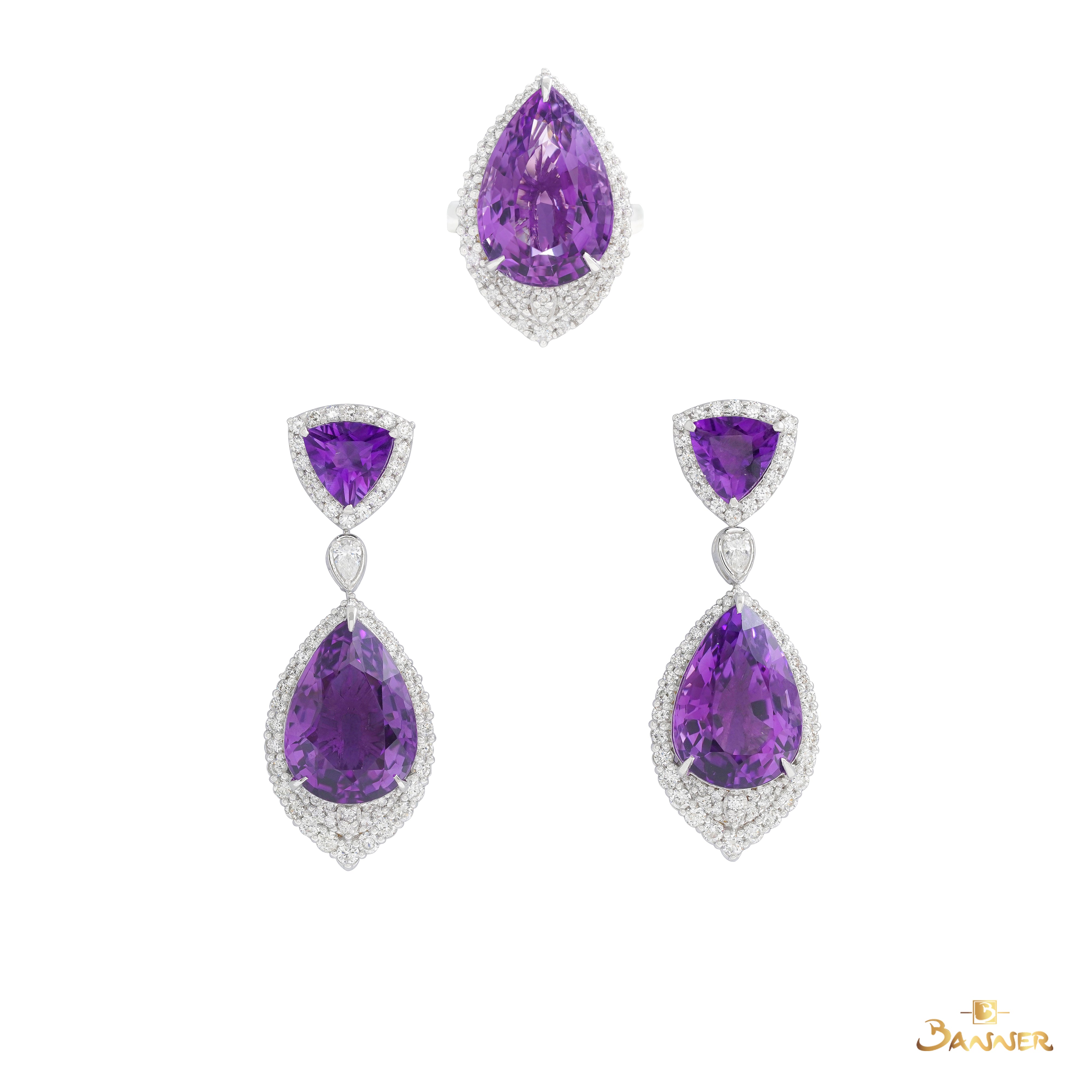 Amethyst and Diamond Pear Shape Halo Set