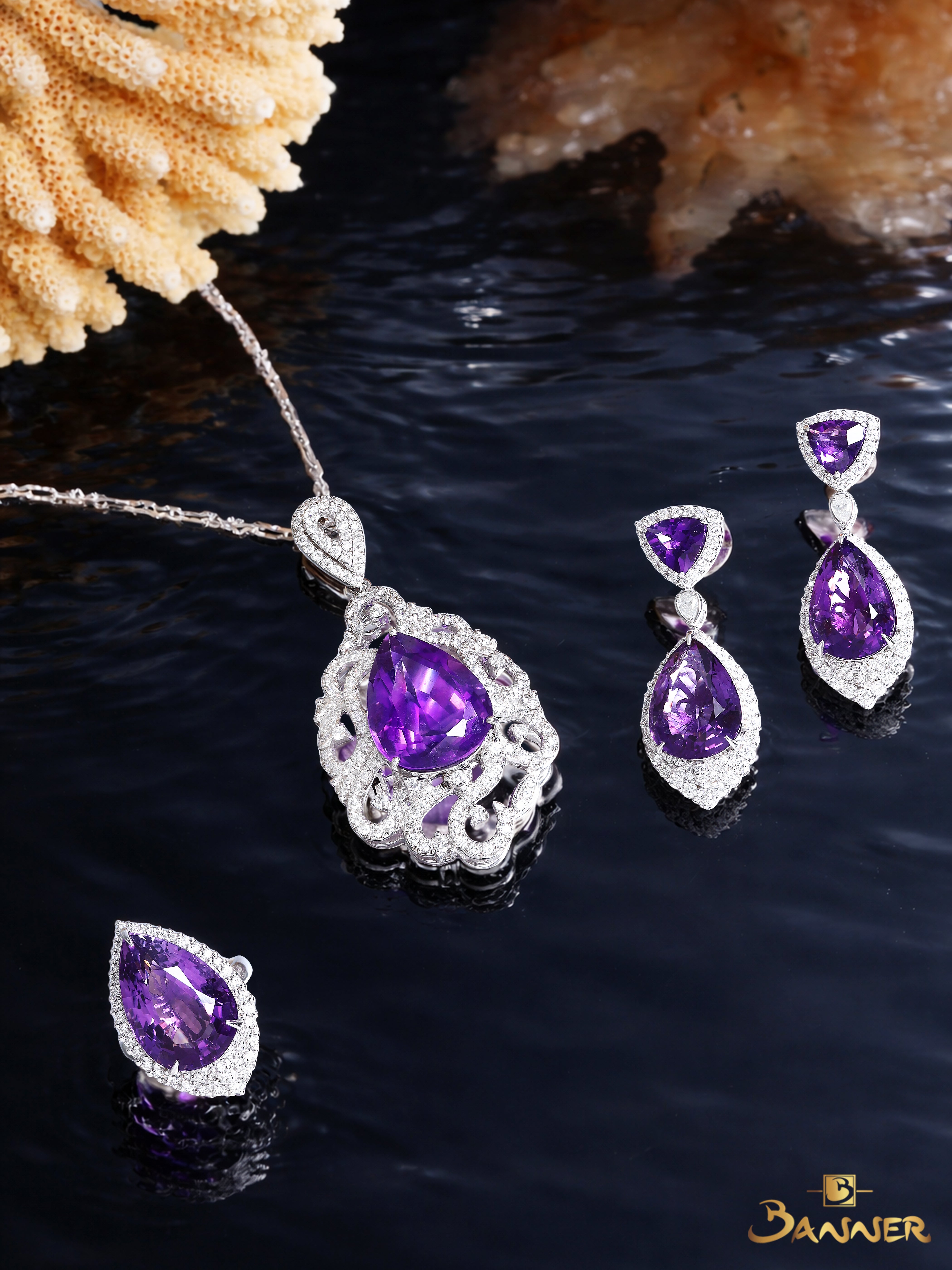 Amethyst and Diamond Pear Shape Halo Set