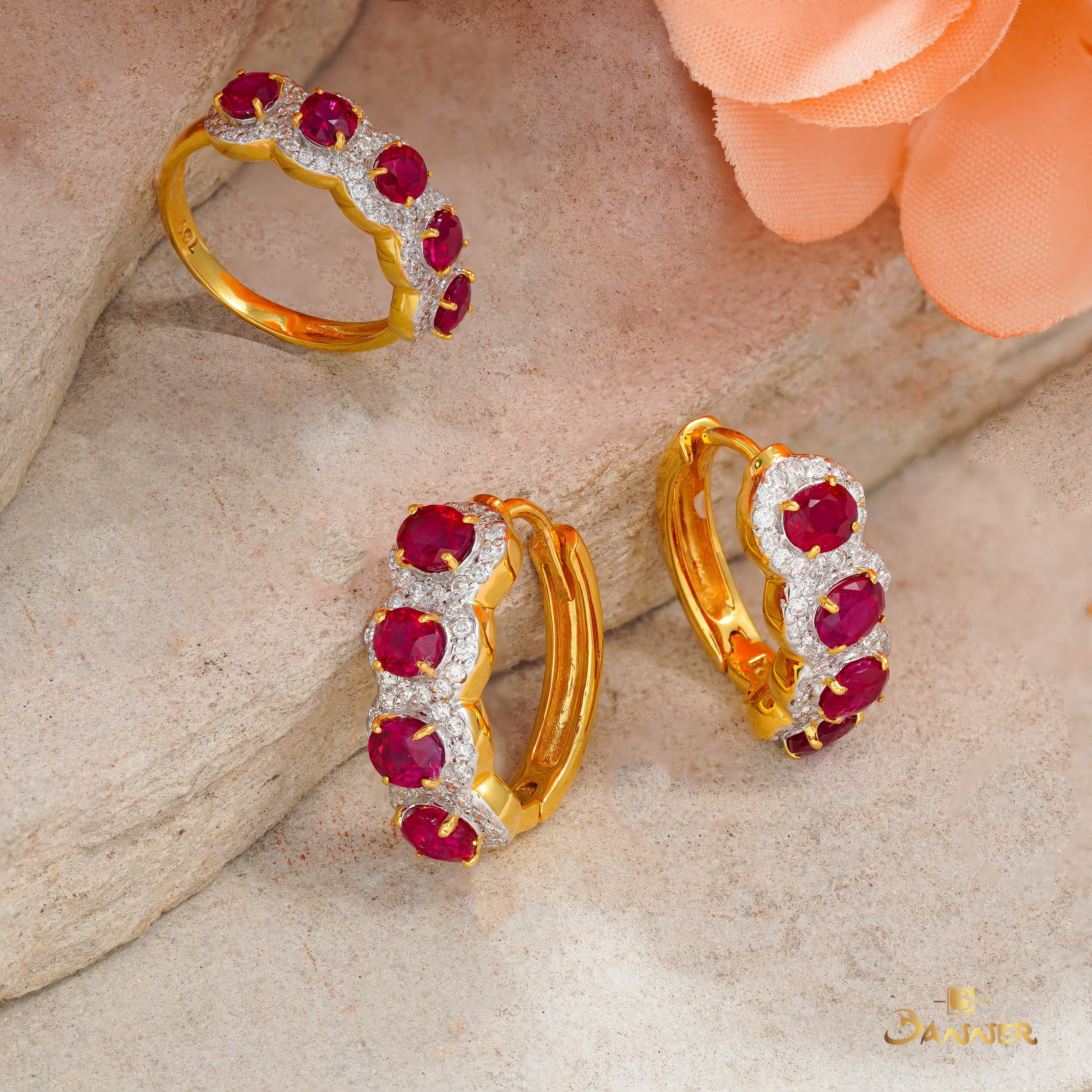Ruby and Diamond Halo Set