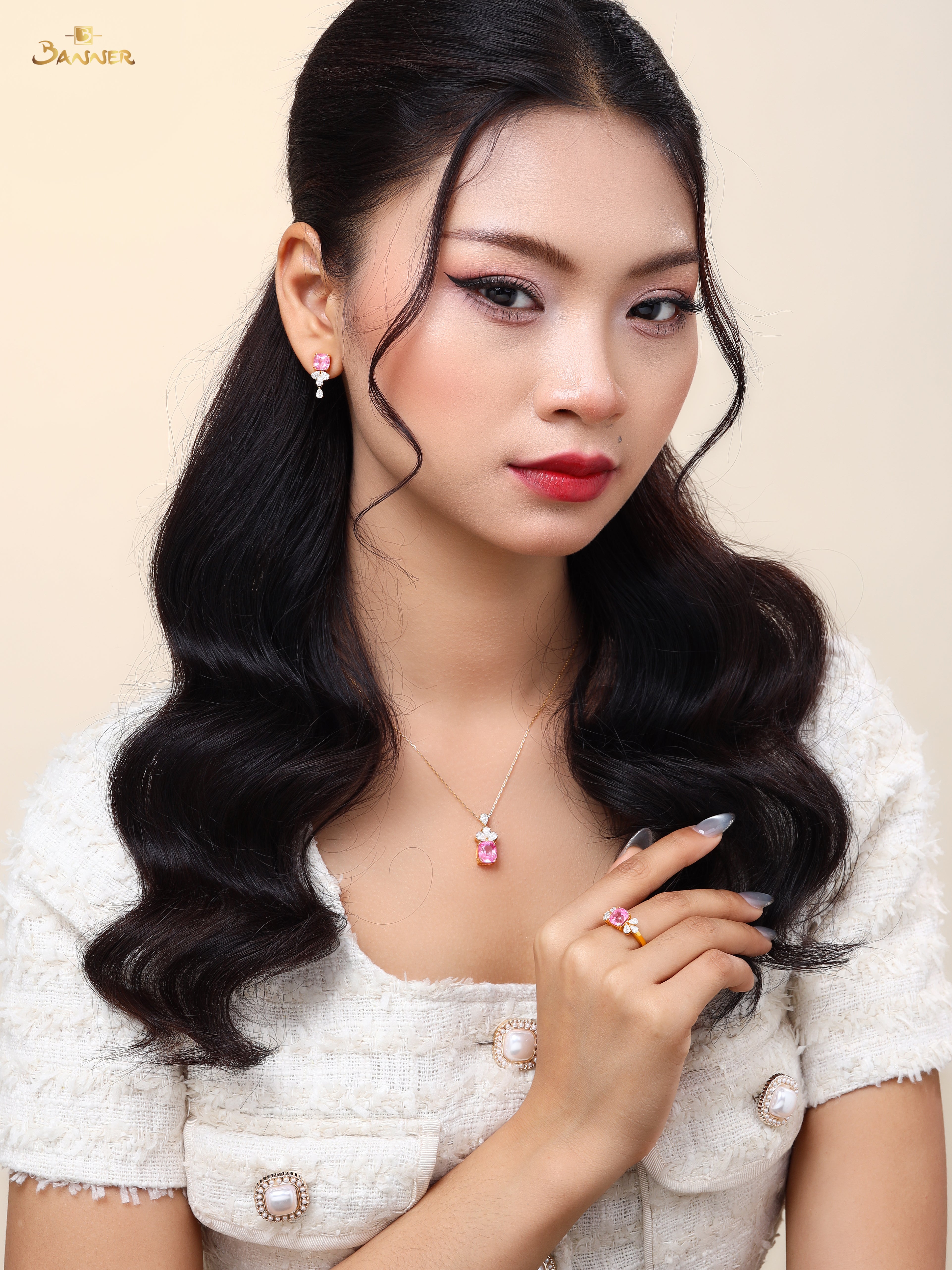 Pink Tourmaline and Diamond Floral Cluster Drop Set