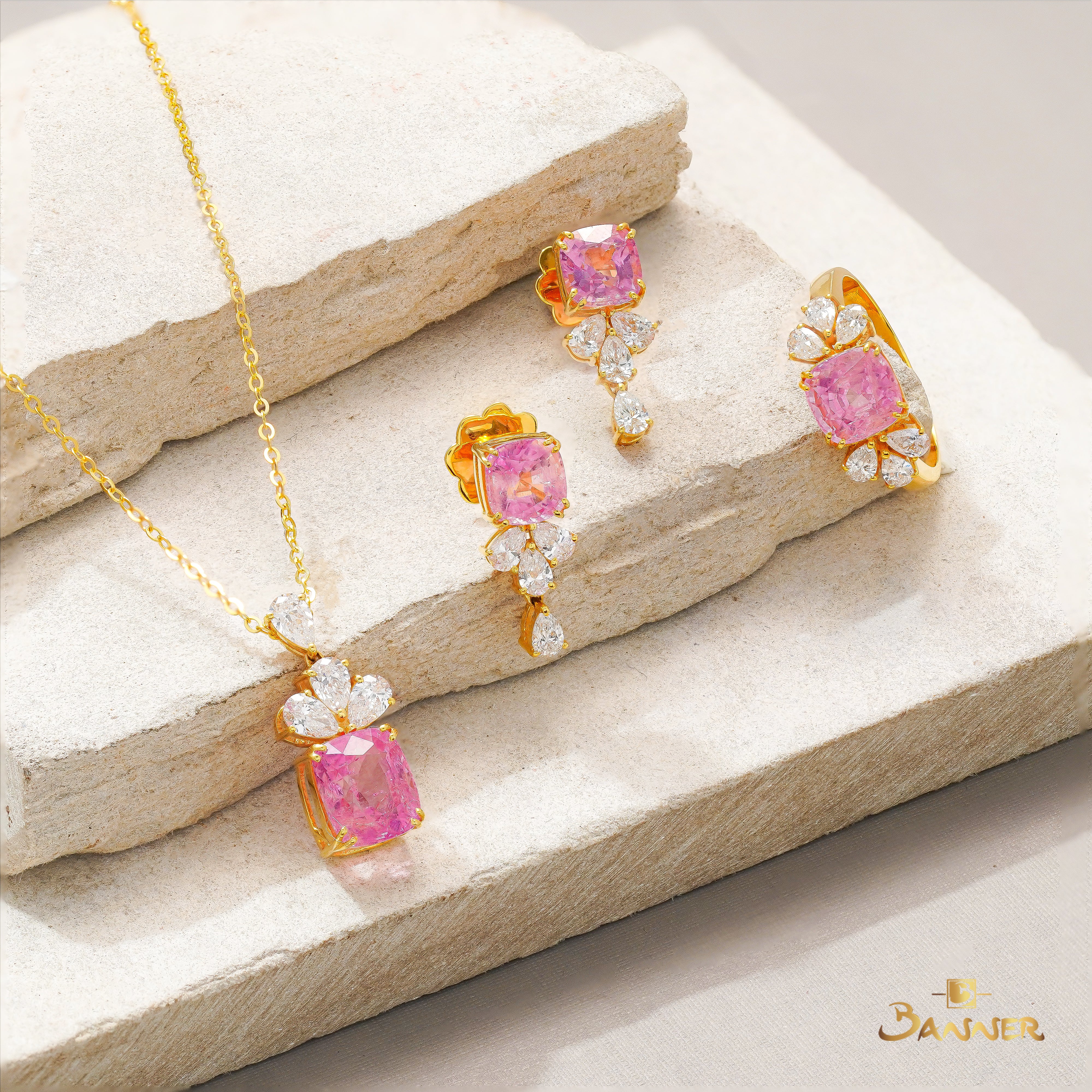Pink Tourmaline and Diamond Floral Cluster Drop Set