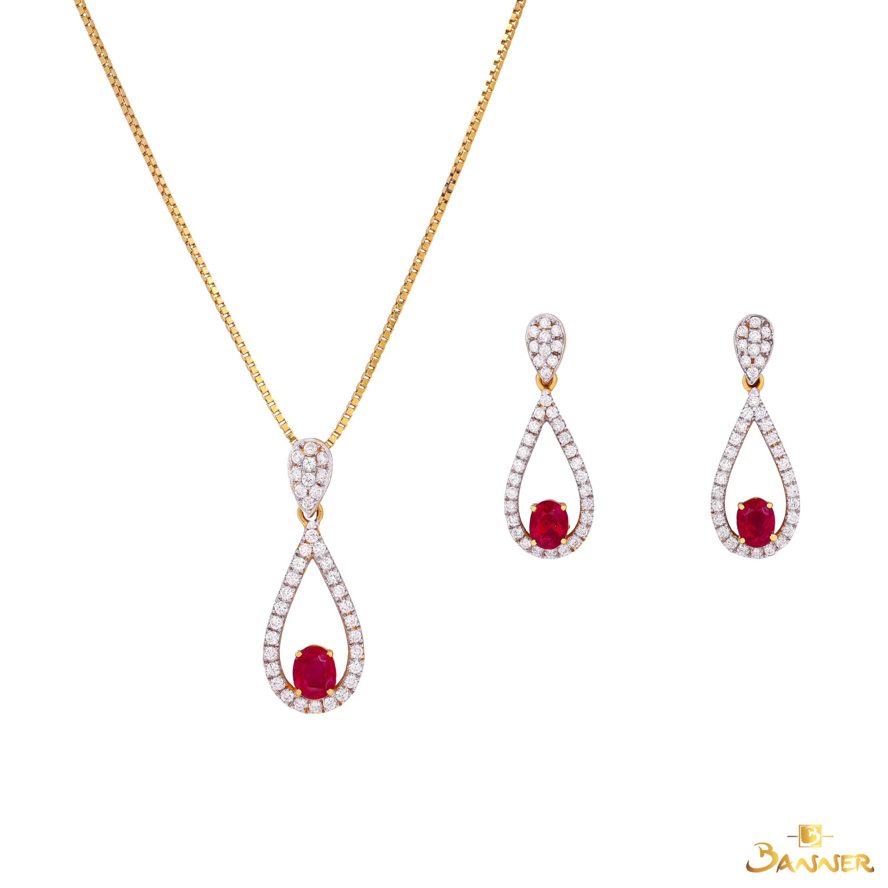 Ruby and Diamond Rain Drop Dangle Set