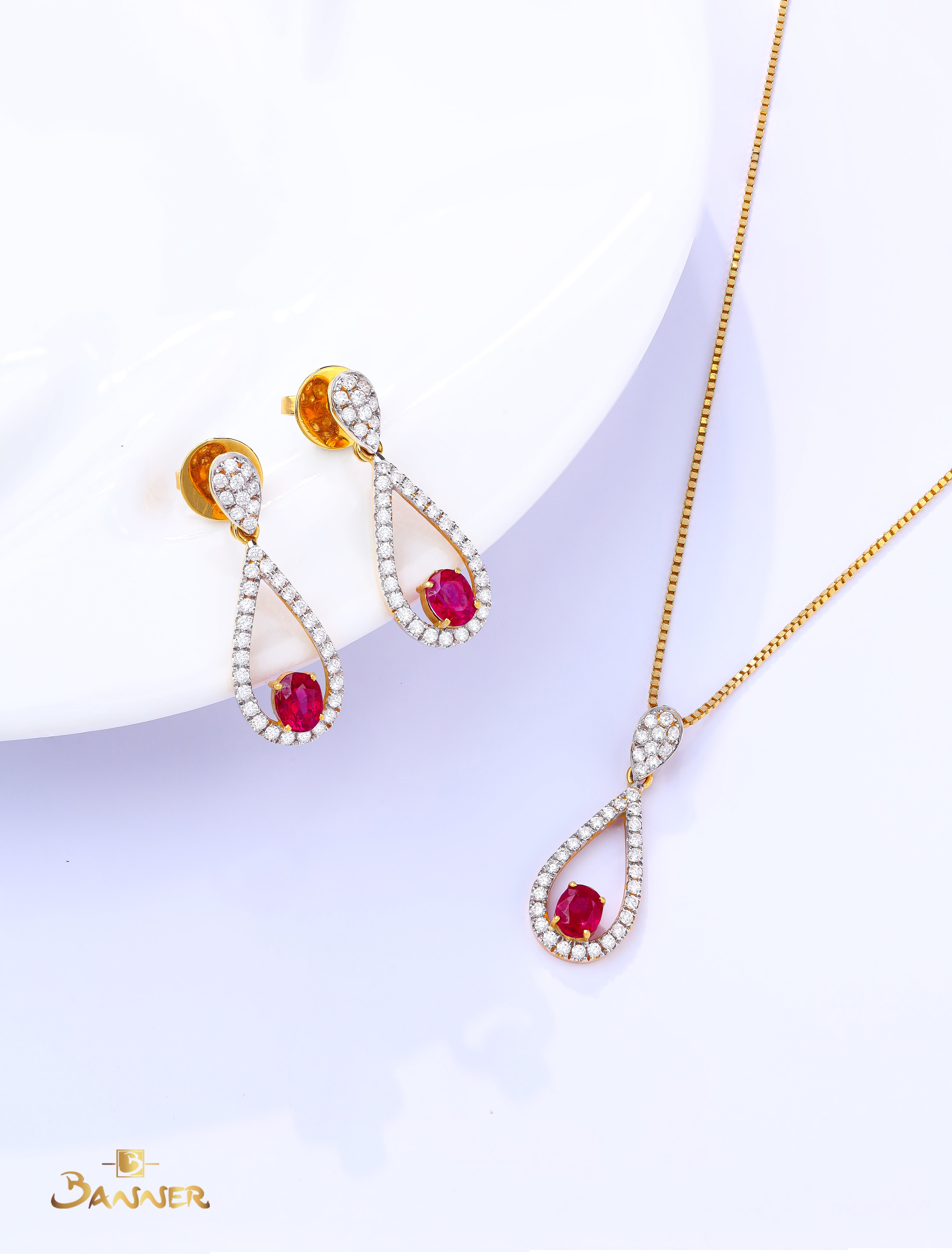 Ruby and Diamond Rain Drop Dangle Set