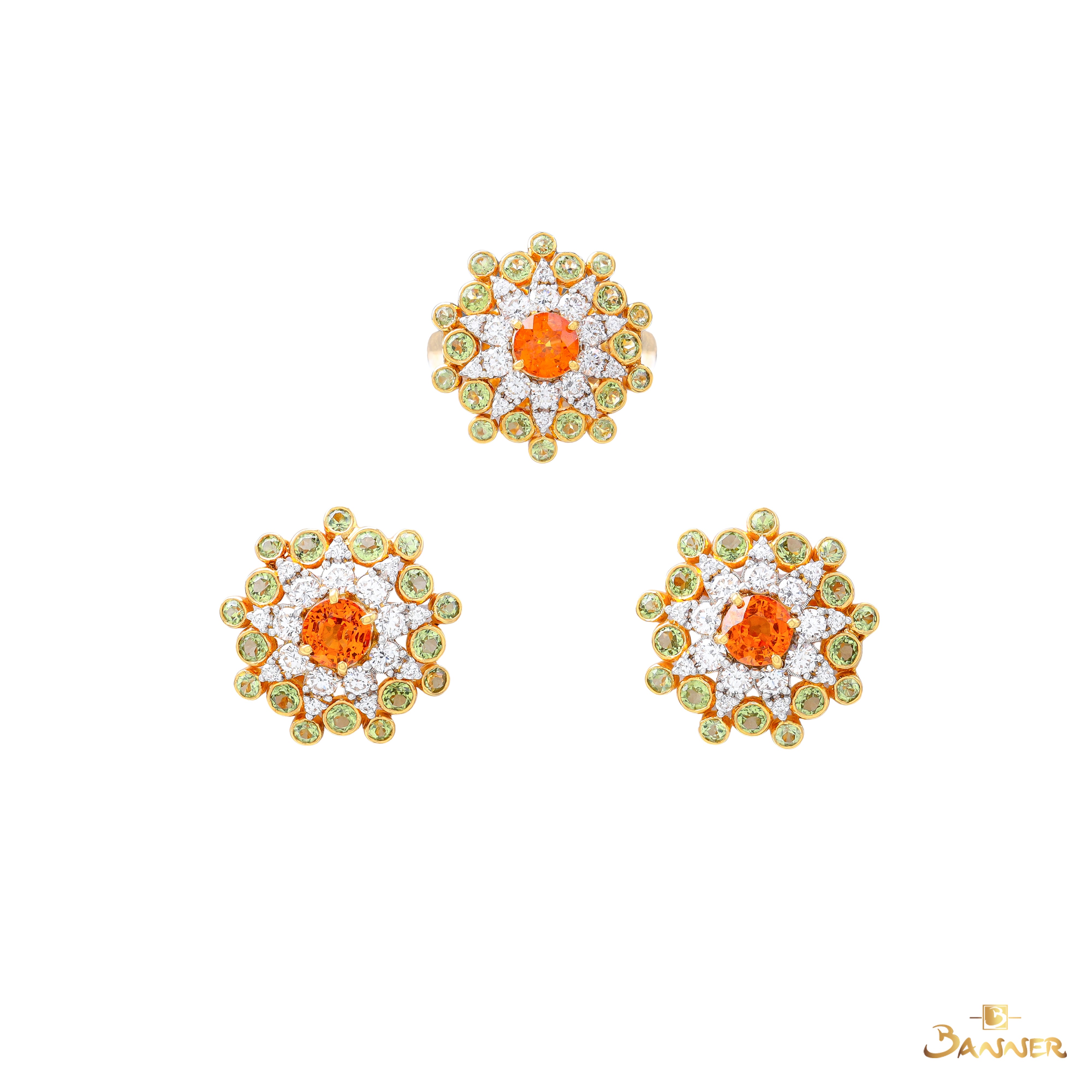 Spessartine Garnet , Peridot and Diamond Padauk Blossom Set