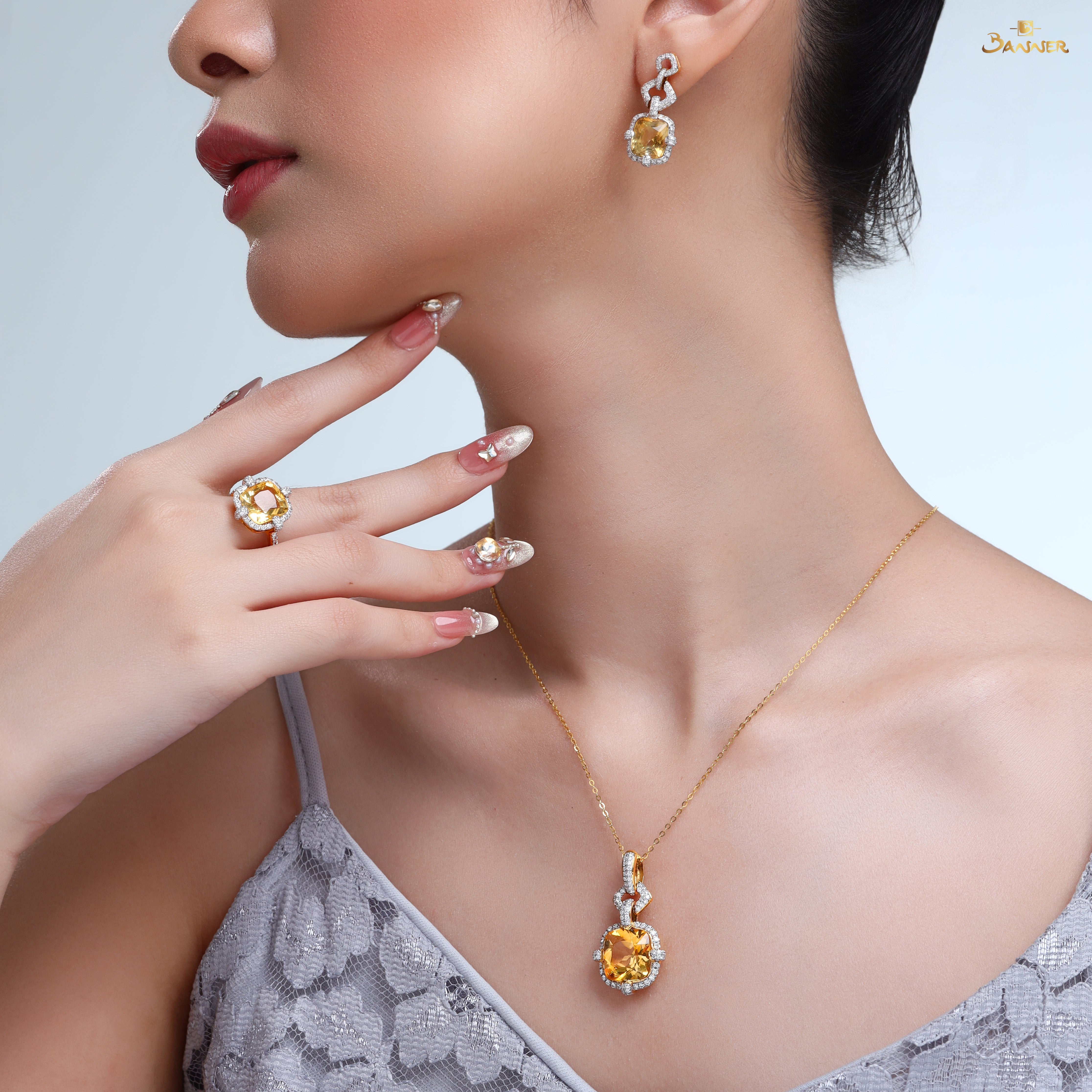 Citrine and Diamond Linked Halo Set
