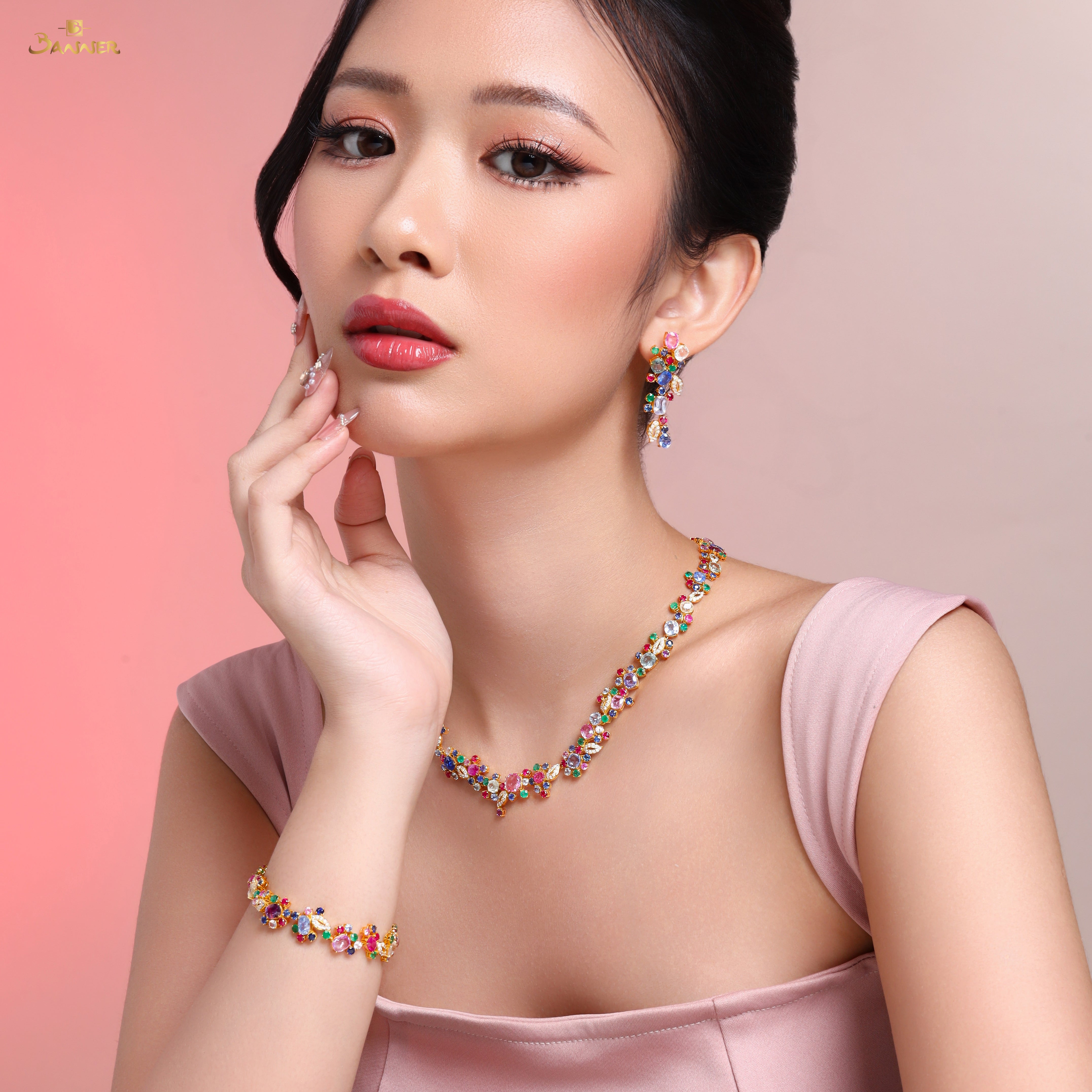 Ruby,Sapphire,Emerald,Multi-colored Sapphire and Diamond Floral Vine Set