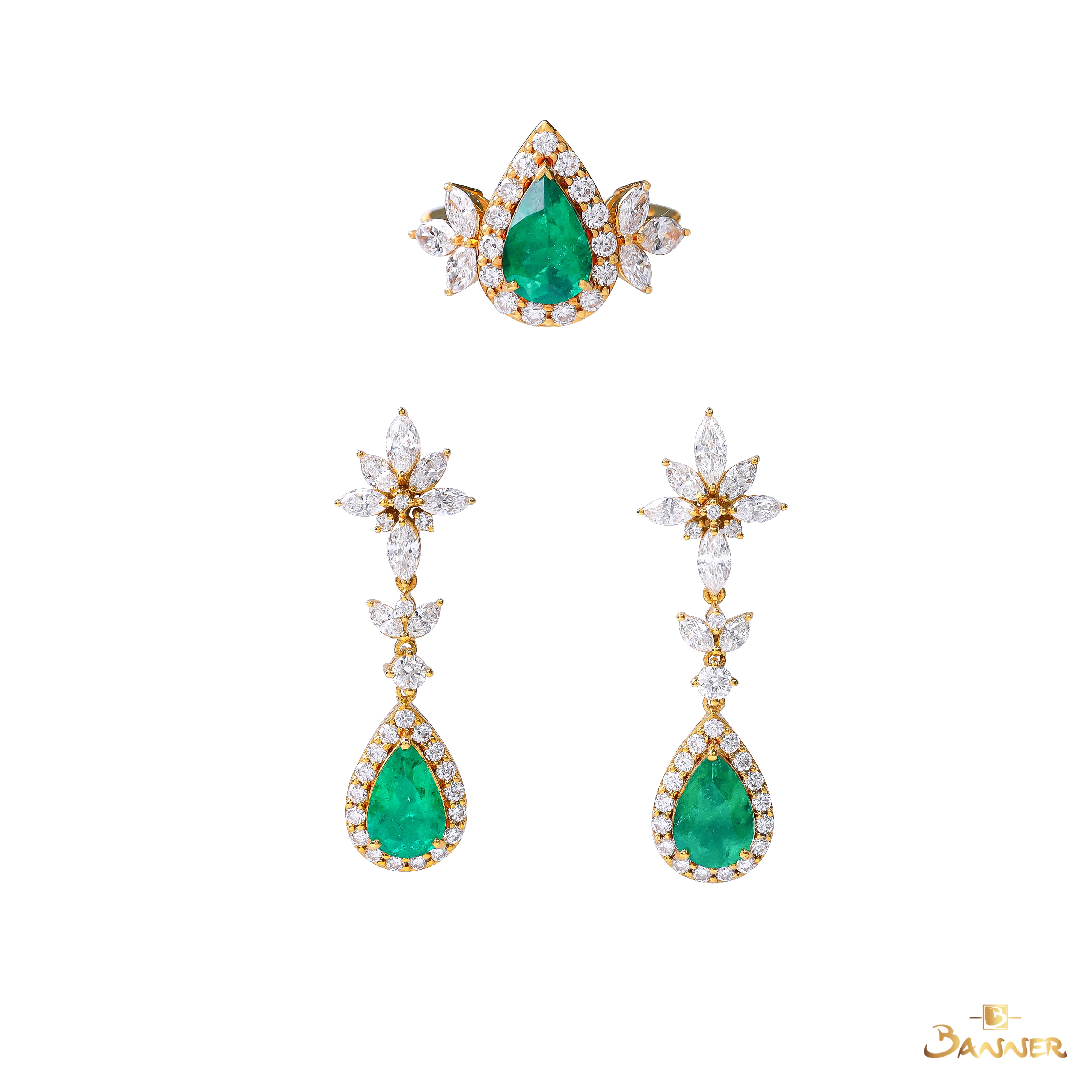 Columbia Emerald and Diamond Raindrop Halo Set