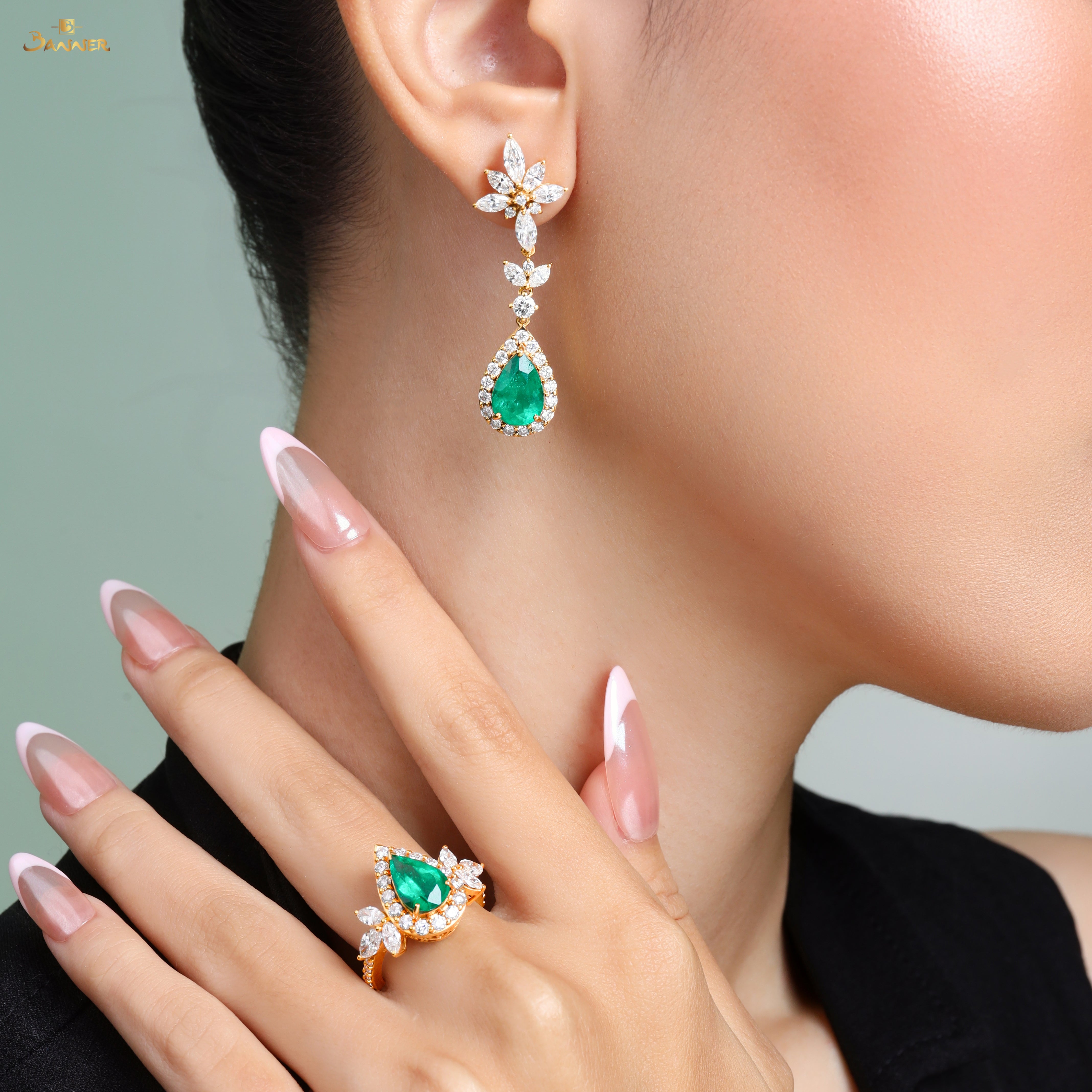 Columbia Emerald and Diamond Raindrop Halo Set