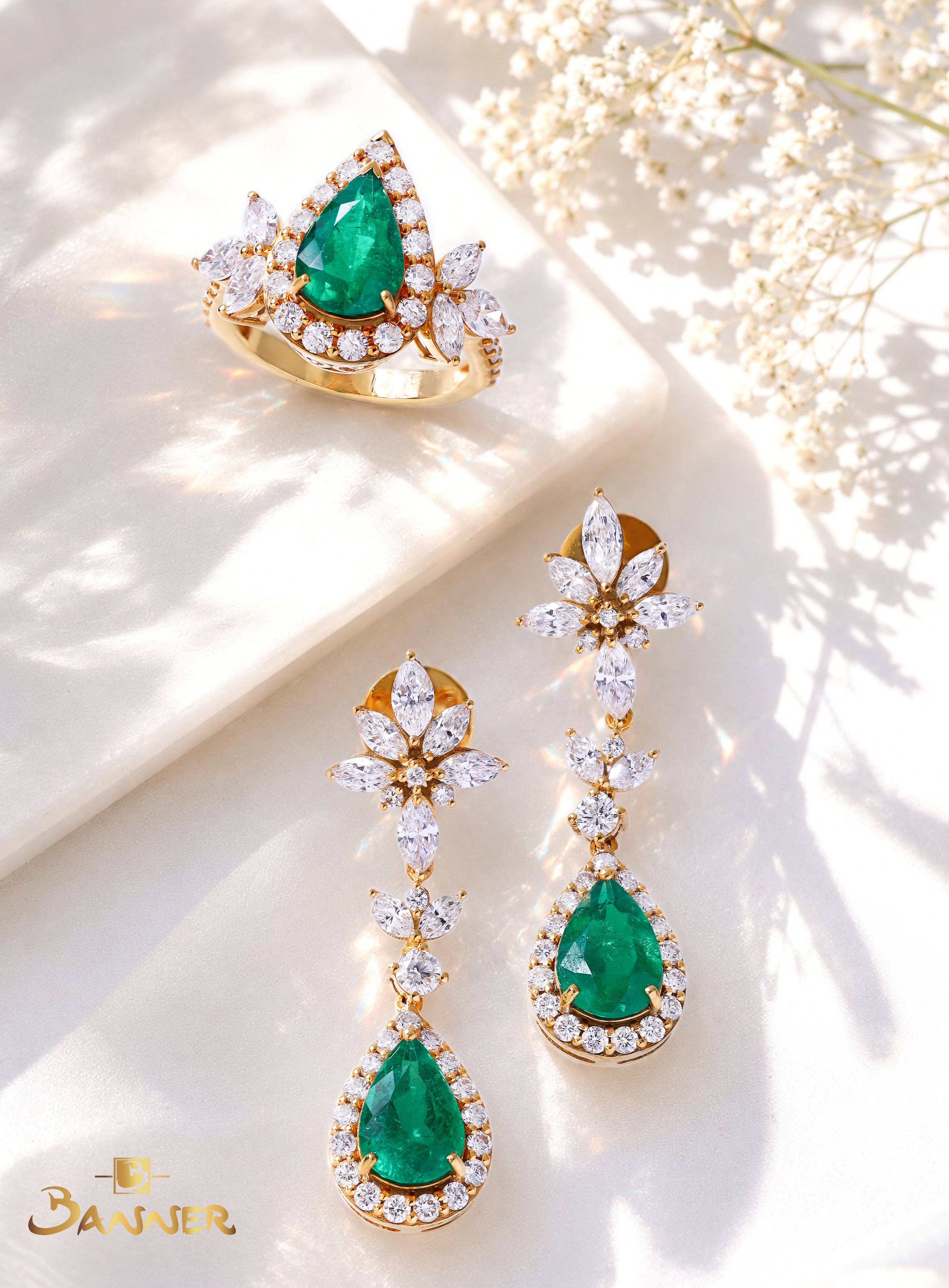 Columbia Emerald and Diamond Raindrop Halo Set