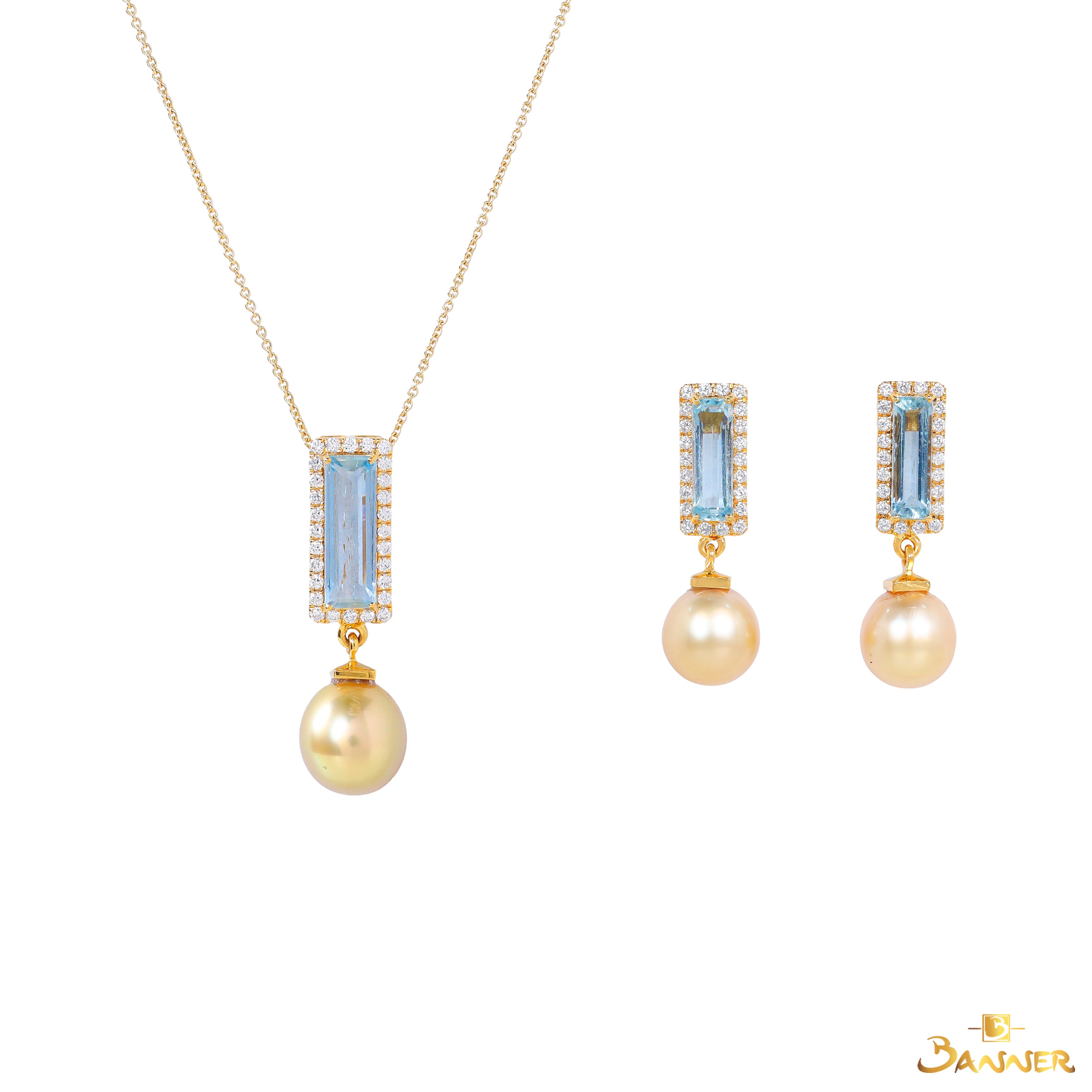 Aquamarine , Pearl and Diamond Halo Dangle Set