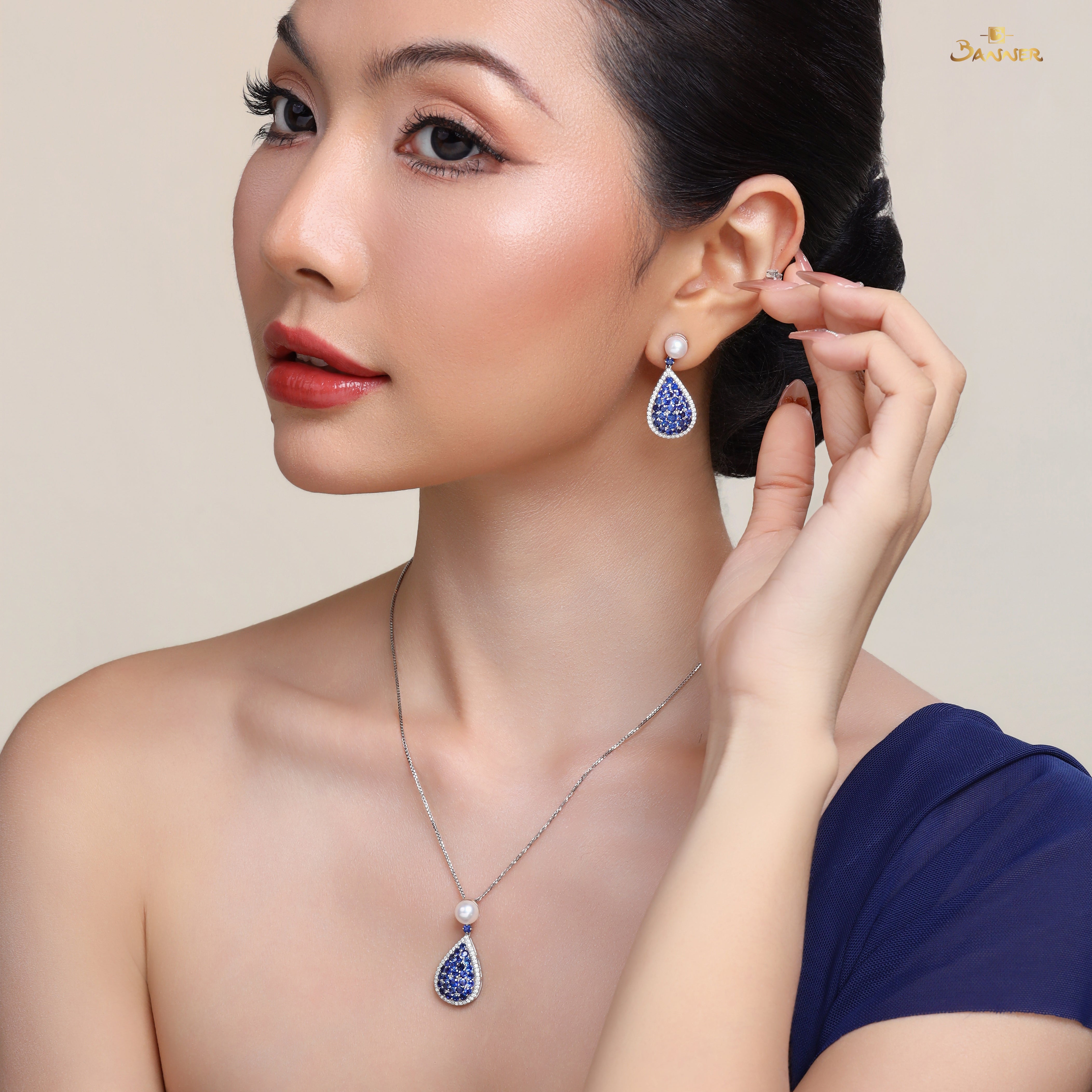 Pearl , Sapphire and Diamond Drop Set