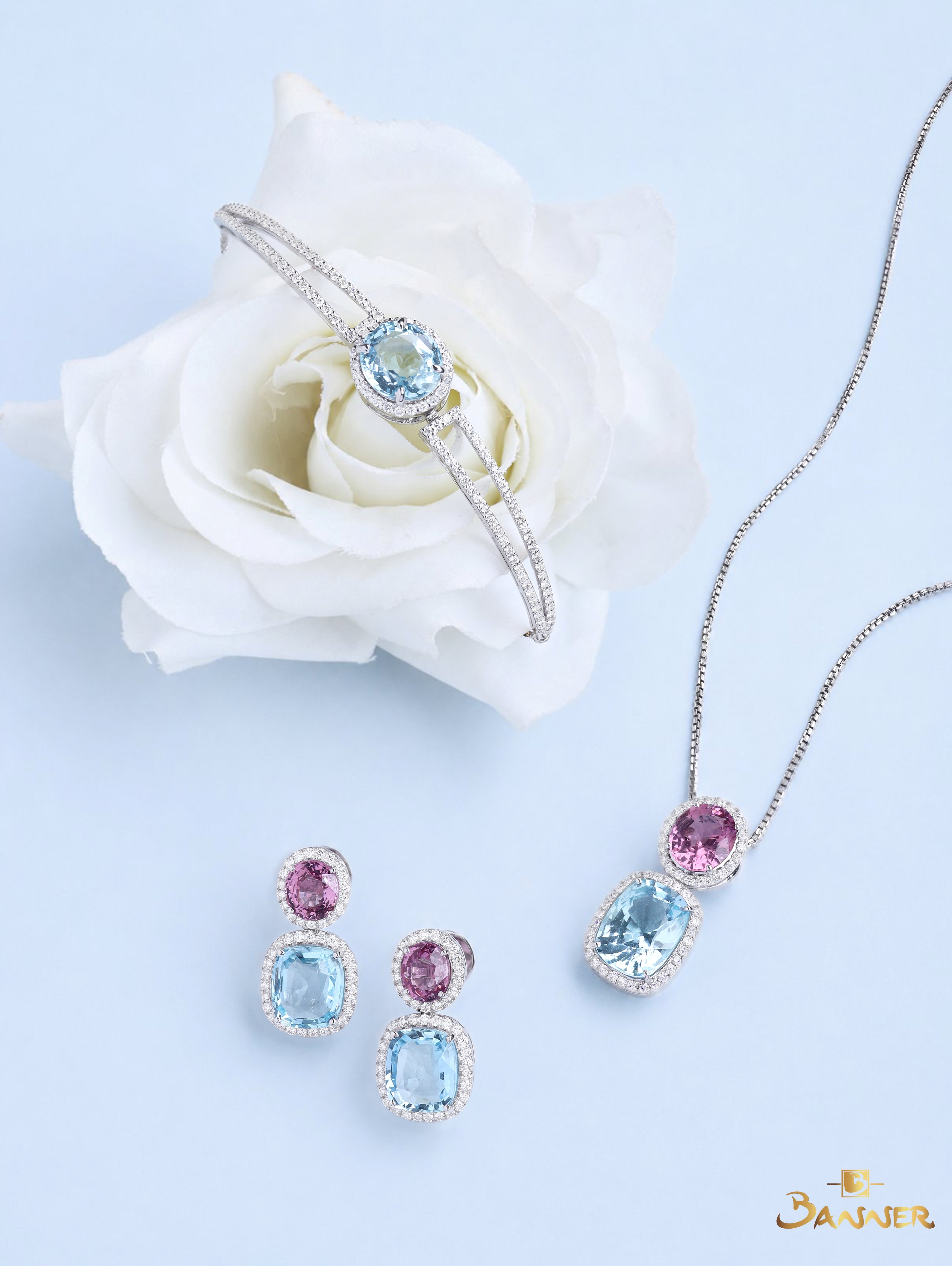 Aquamarine and Diamond Halo Set