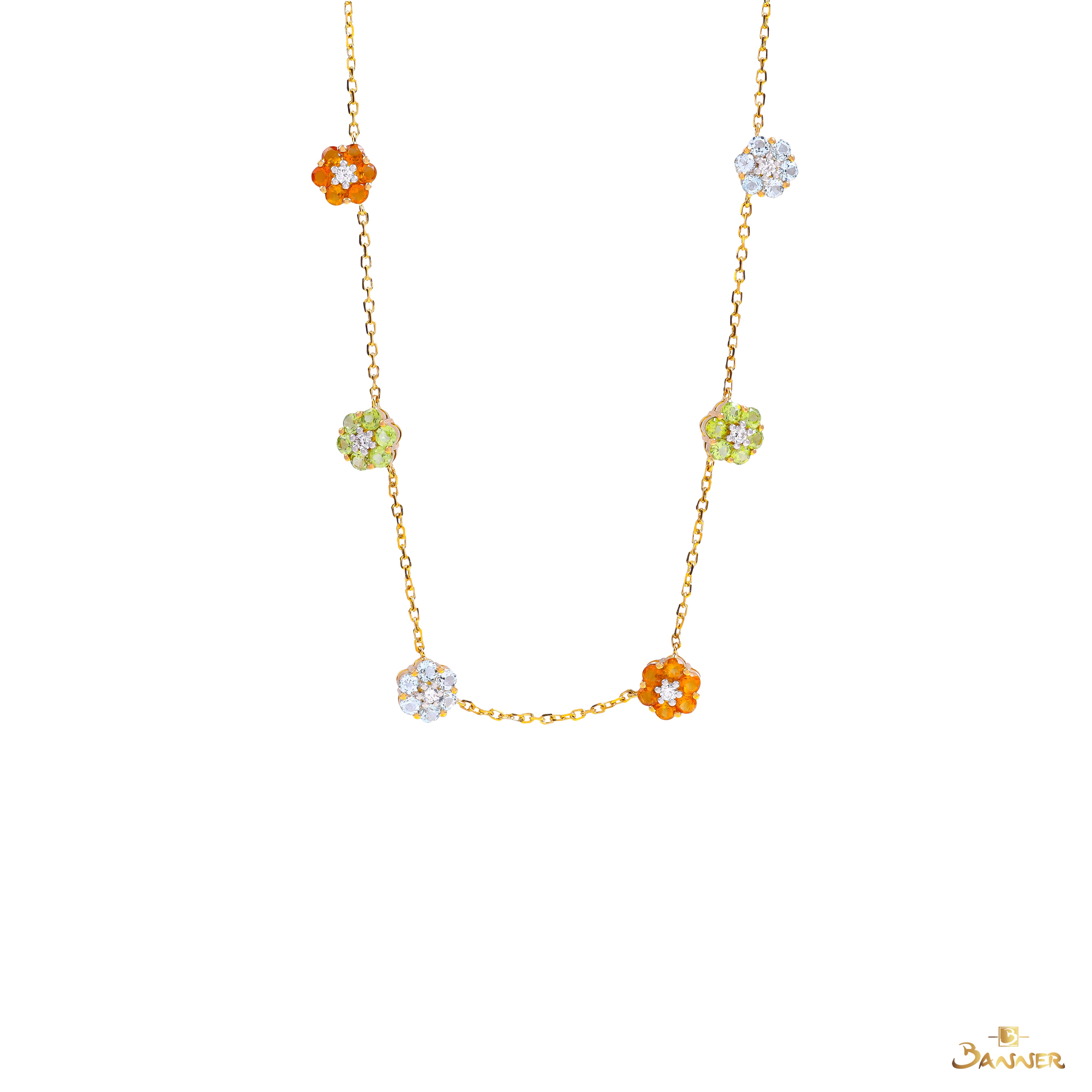 Peridot , Citrine , Blue Topaz and Diamond Floral Station Necklace