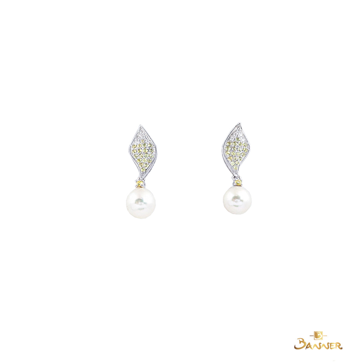 Pearl, Yellow Sapphire and Diamond Dangle Leaf Earrings