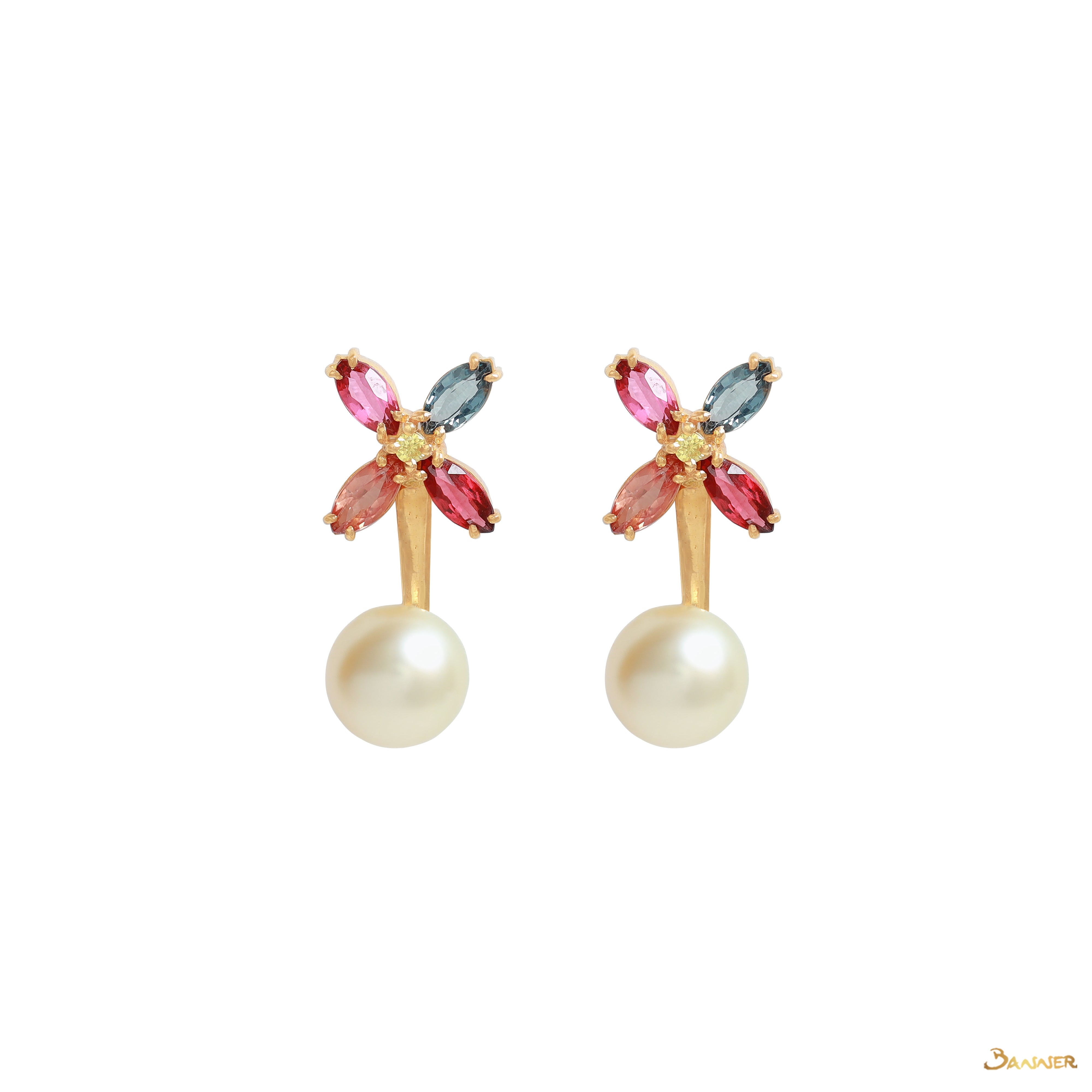 Pearl , Multi-Color Spinel Leaf Shape 2-way Earrings