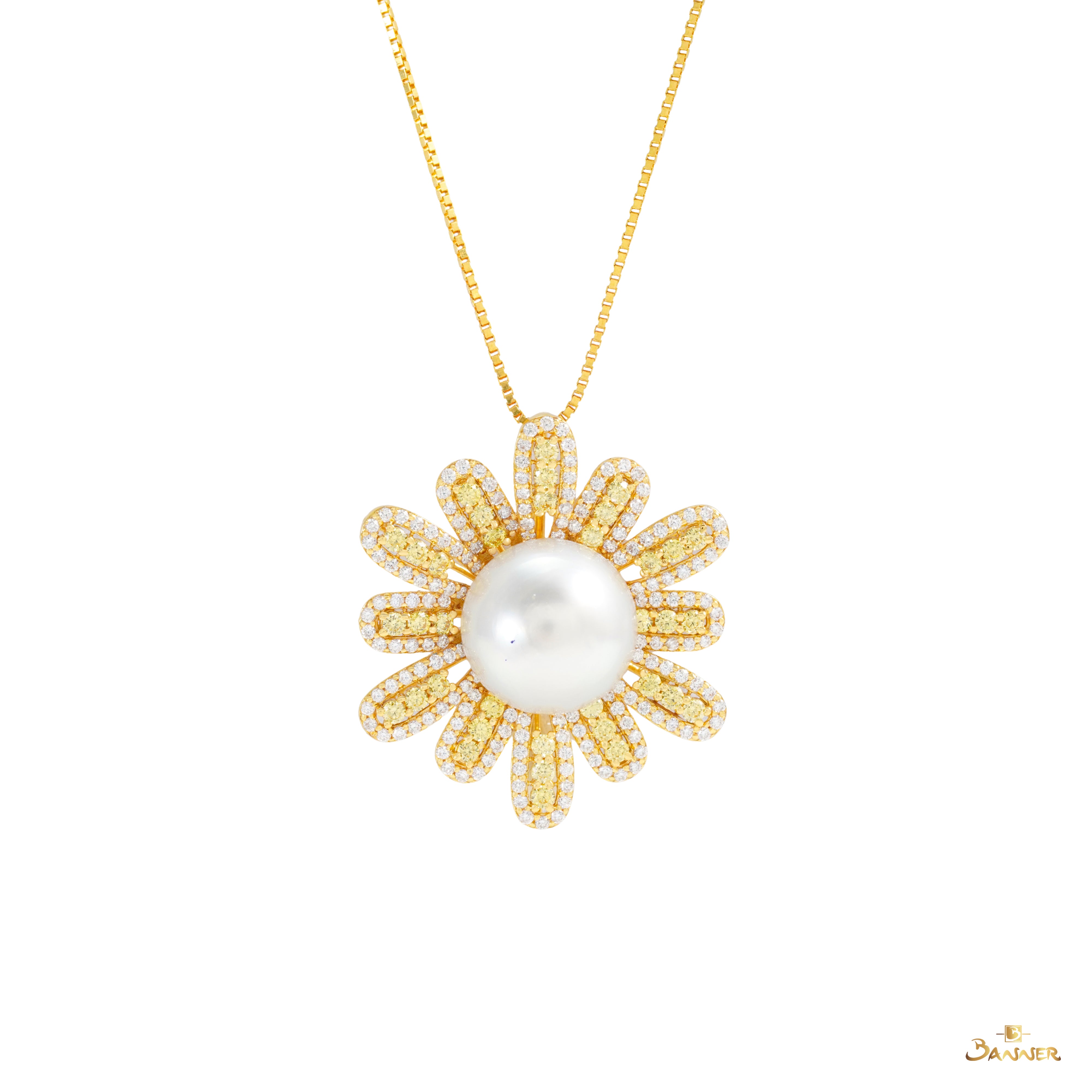 Pearl , Yellow Sapphire and Diamond Daisy 2-ways Ring / Pendant