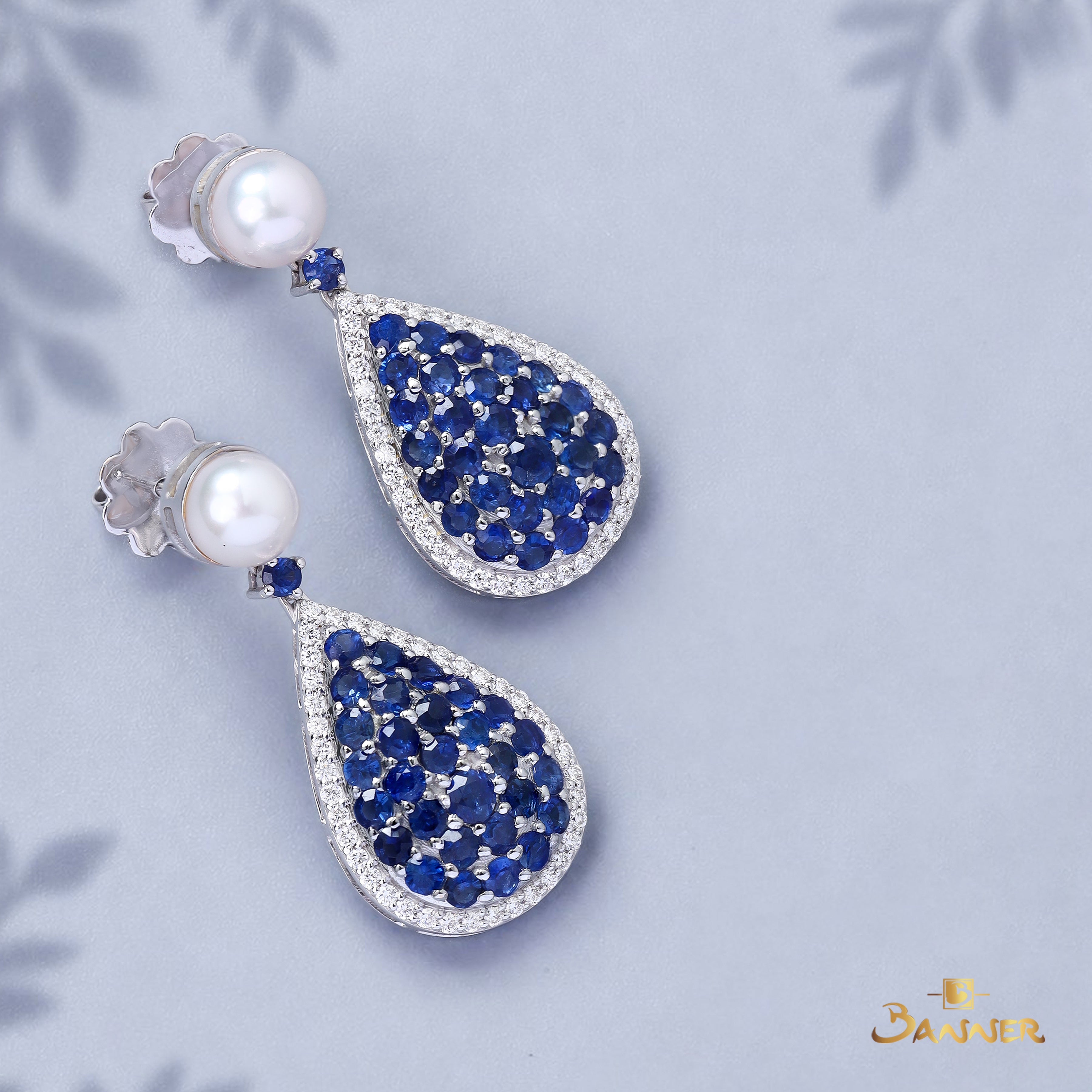 Pearl , Sapphire and Diamond Drop Earrings