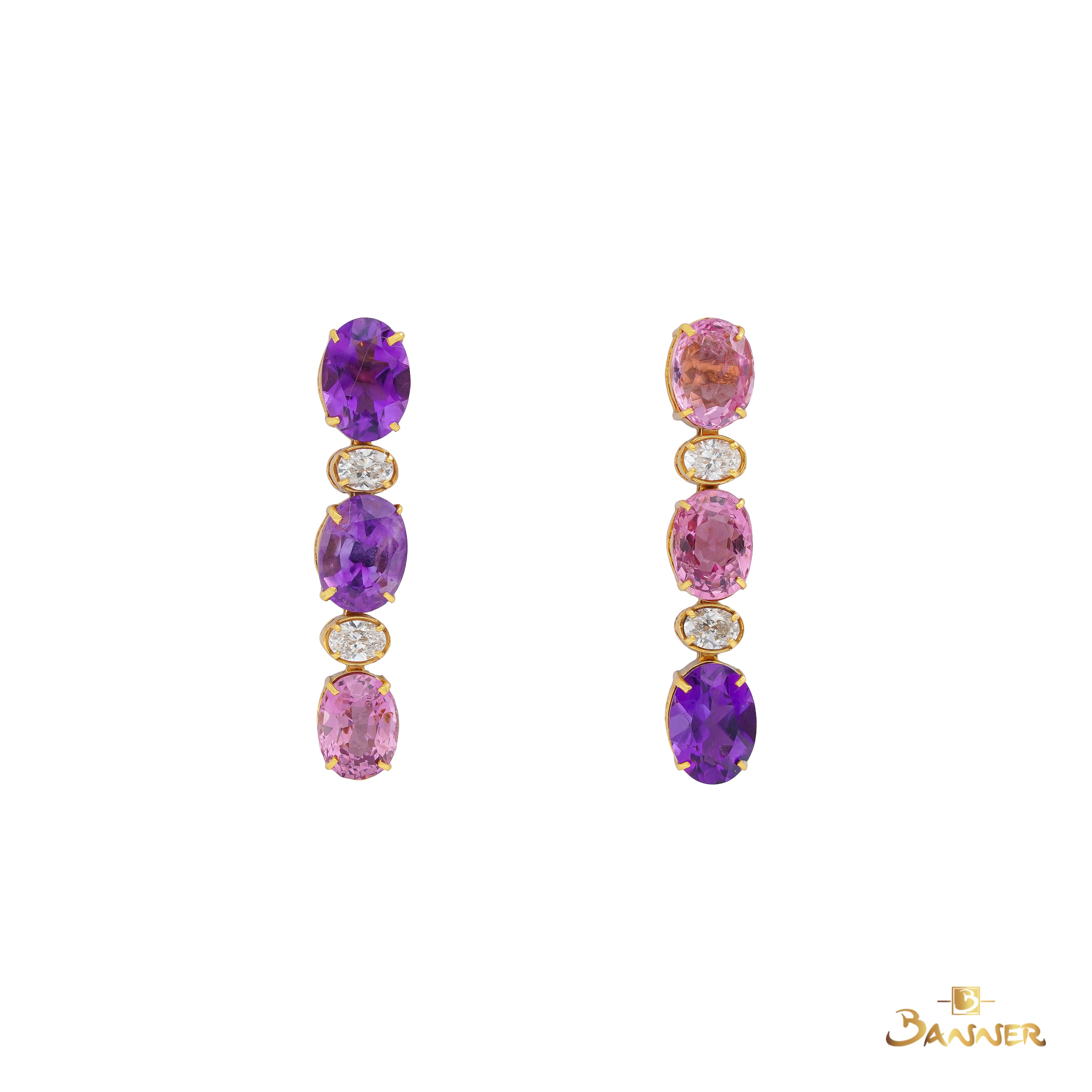 Pink Spinel , Amethyst and Diamond Tennis Earrings